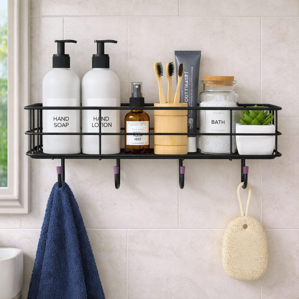 GLOXY Premium Black Metal Self-Adhesive Bathroom Organiser Without Drilling - Multipurpose Wall Mounted Shampoo Holder Bathroom Shower Caddy with 4 Hooks - Pack of 1