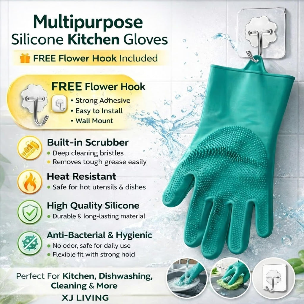XJ LIVING Magic Silicone Dishwashing Gloves for Kitchen Cleaning, Reusable Silicone Hand Gloves for Dish Wash, Car Wash, Bathroom Cleaning & Pet Grooming (Multicolour, 1 Pair)