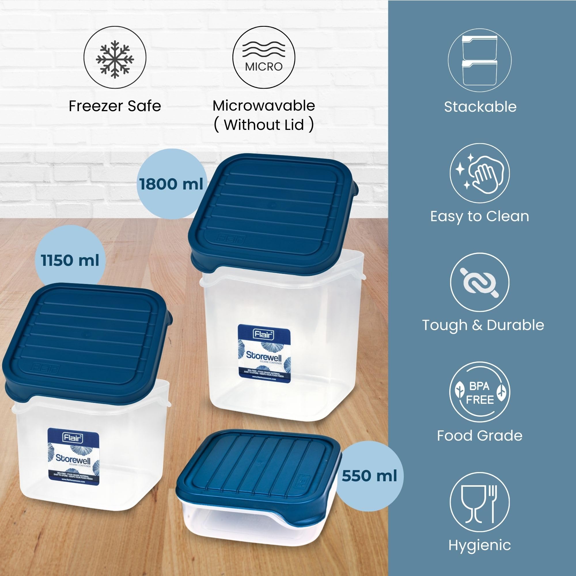 FLAIR Storewell Square Food Storage Containers Set of 3 (550 ML, 1150 ML, 1800 ML)- Blue, Air Tight Containers for Kitchen Storage Ideal kitchen box for Rice, Atta and Grains, BPA-Free, Food Grade