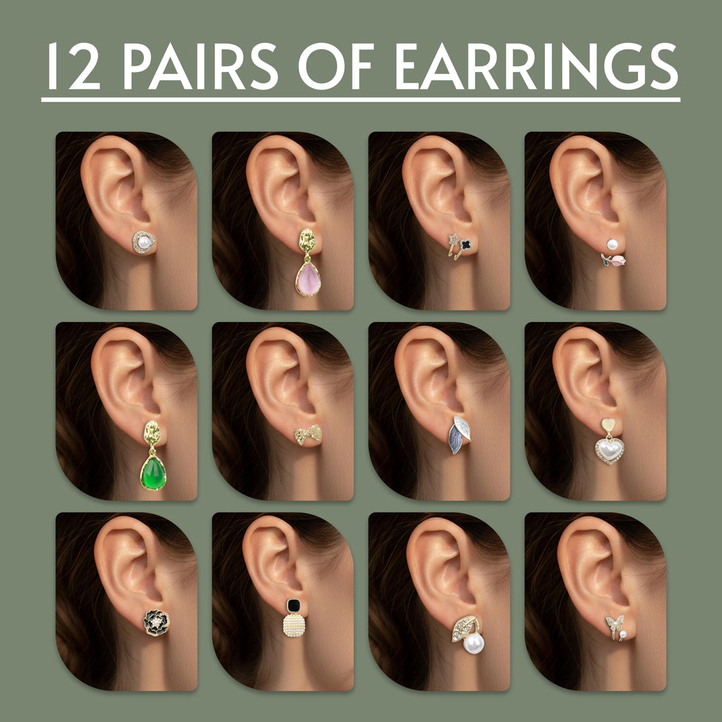 MakeYourGift Pretty Pairings 12 Pairs Earrings Set for Women with Jewellery Box | Stylish Stud, Pearl, Drop & Designer Earrings | Premium Gift Set for Girls | Birthday, Anniversary, Engagement