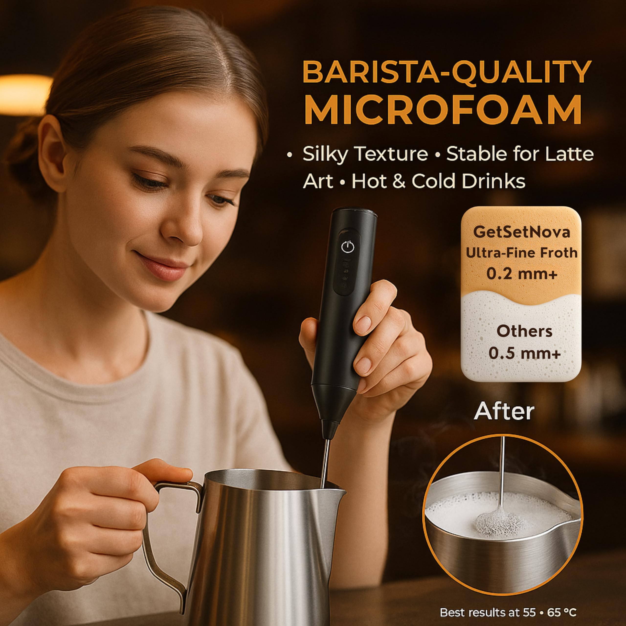 GetSetNova Frother Coffee Frother Electric and Coffee Beater Electric Stainless Steel Whisk USB C Rechargeable Microfoam Maker Coffee Maker Machine for Home with Recipe Book and One Year Warranty