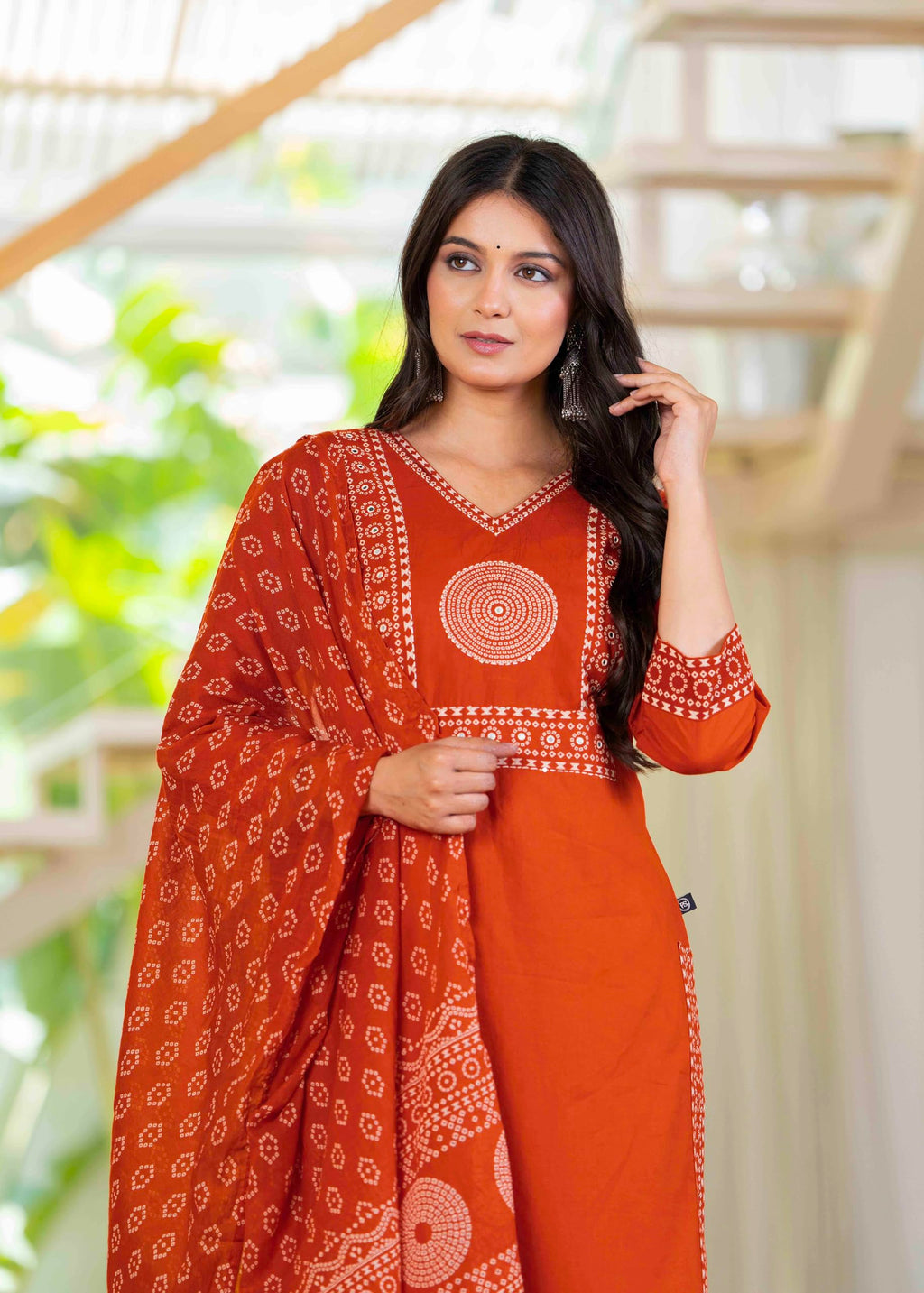 Pistaa's Women's Pure Cotton Elegant Bandhani Print Kurta Set with Dupatta (Bright Rust, Medium)