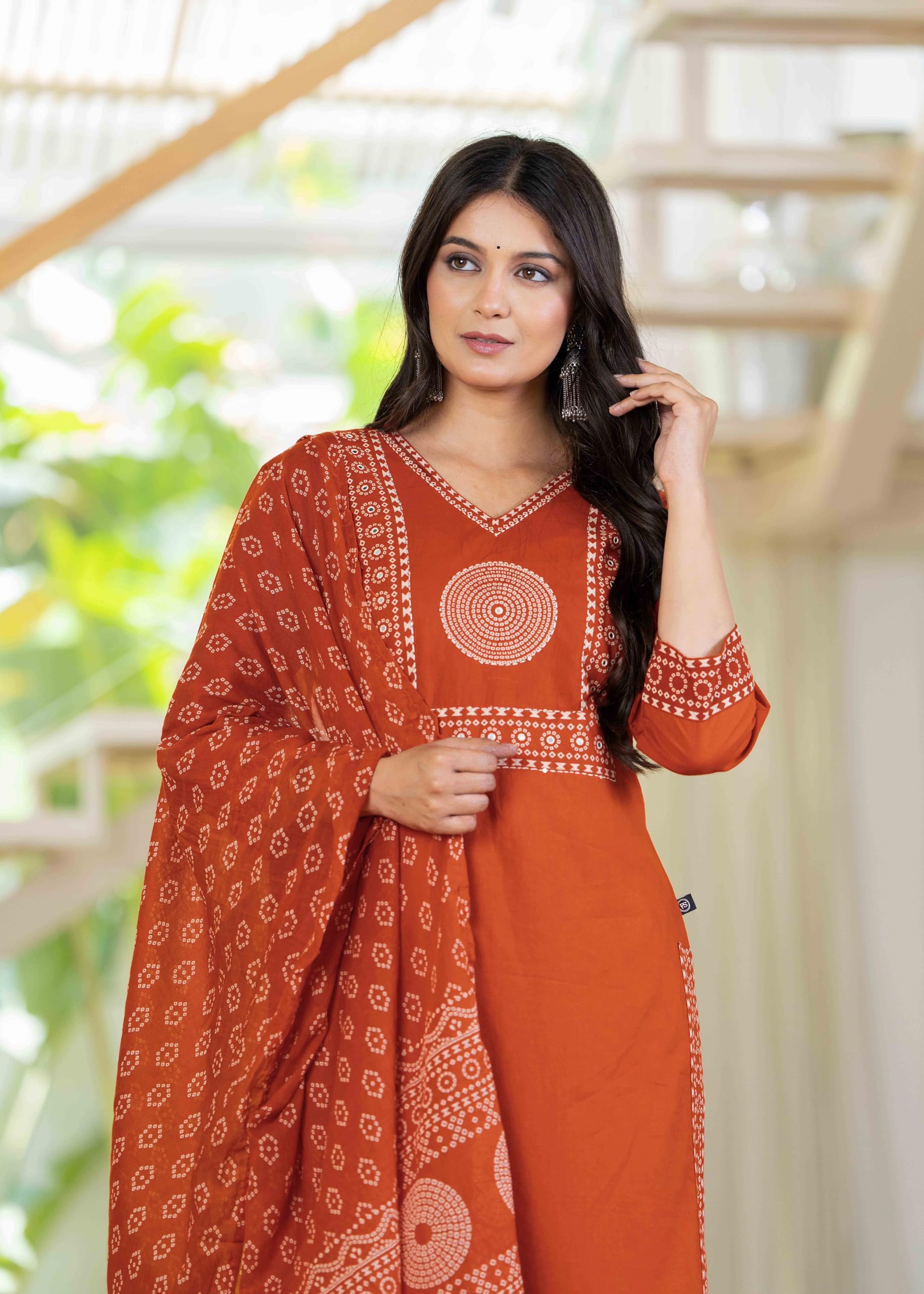 Pistaa's Women's Pure Cotton Elegant Bandhani Print Kurta Set with Dupatta (Bright Rust, Medium)