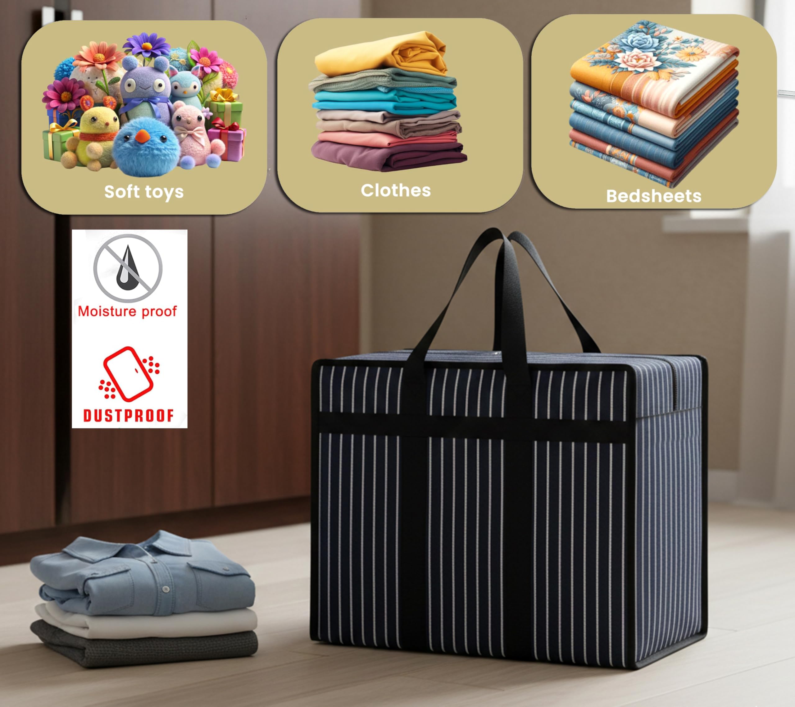 Match Made 2PK Extra Large Heavy Duty Canvas Storage Organizer Bag with Zip | Multipurpose Jhola Thaila with Strong Handles & Base for Home Storage, Travel, Laundry & Wardrobe – Black