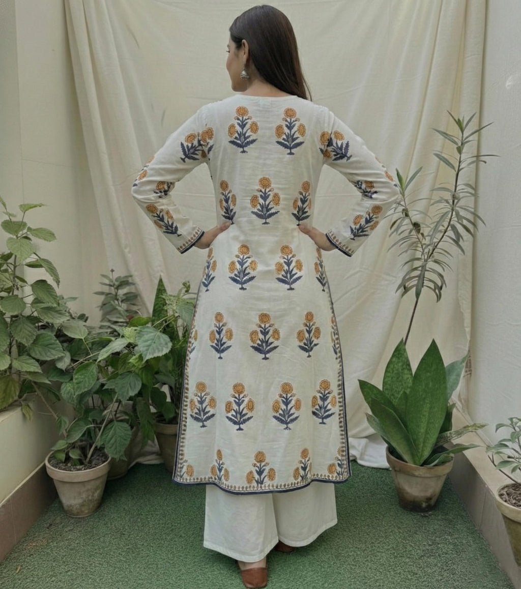 ANNI Designer Women's Viscose Blend Straight Printed Kurta with Palazzo (Nawal White_M_White_Medium)