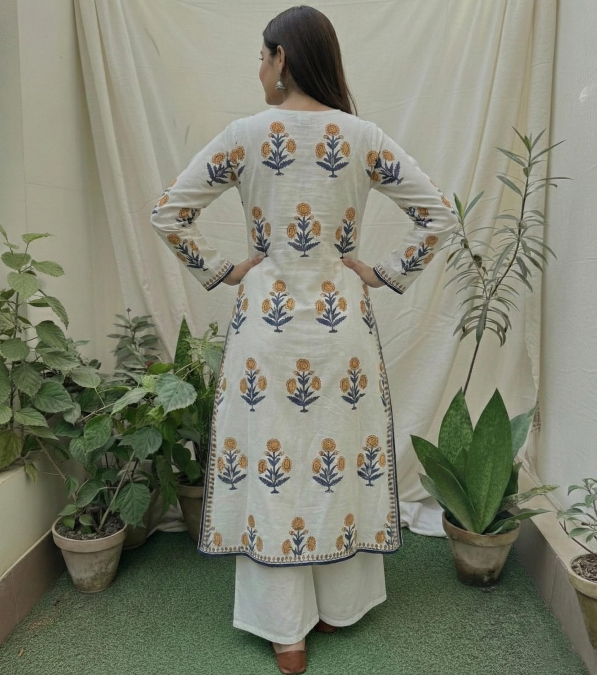 ANNI Designer Women's Viscose Blend Straight Printed Kurta with Palazzo (Nawal White_M_White_Medium)