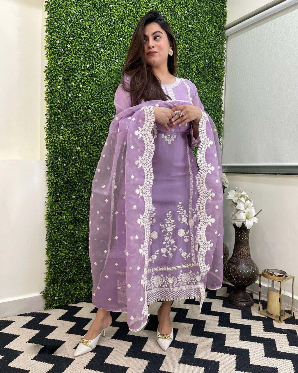GoSriKi Women's Rayon Blend Straight Embroidered Kurta with Pant & Dupatta (Rosewood Purple-GS_M_Purple_Medium)