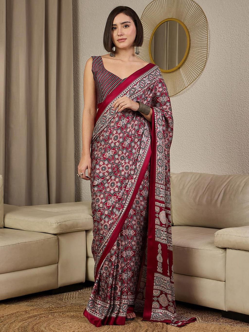 AKHILAM Women's Burgundy Satin Silk Ajrak Printed Ready To Wear one Minute Saree With Unstitched Blouse Piece (RTWKAJRKH386008_RJ)