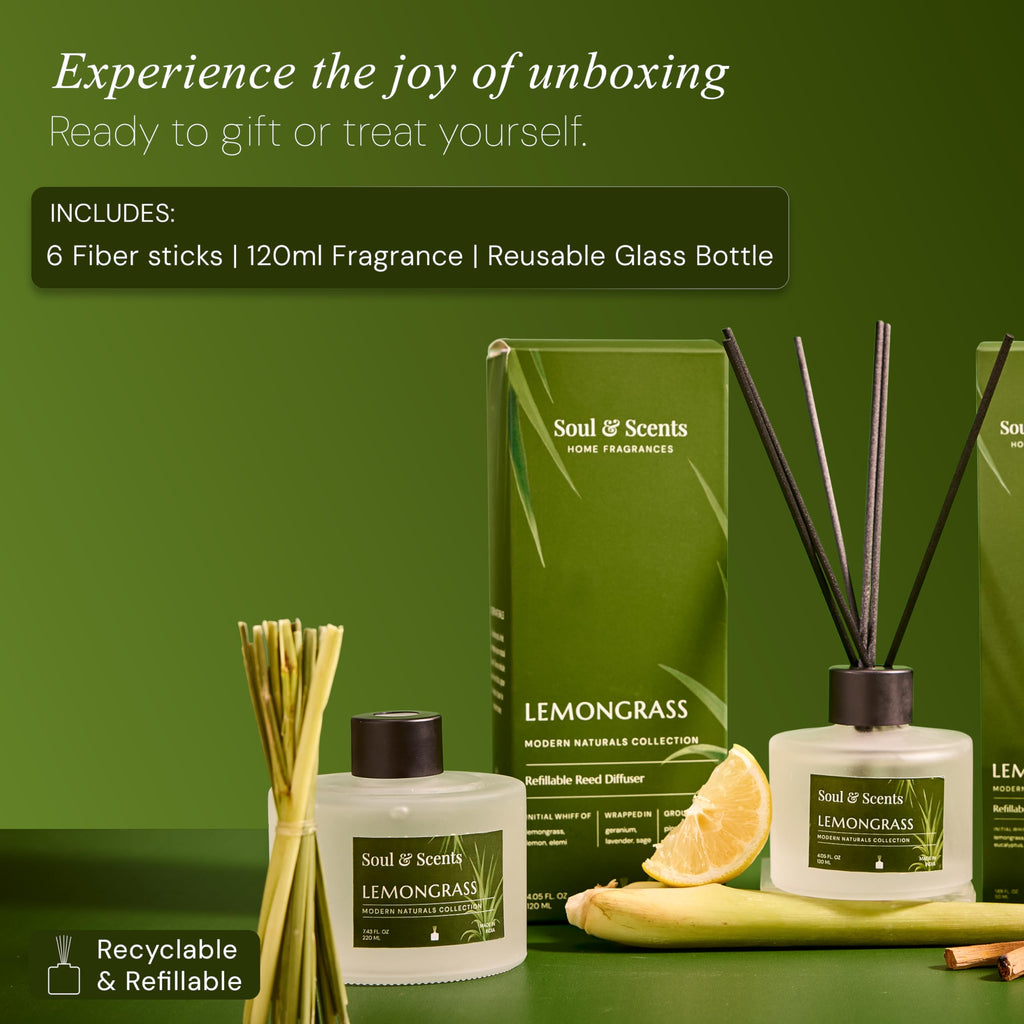Soul & Scents Glass 120ml Lemongrass Reed Diffuser Set | Free 6 Fiber Reed Sticks | Stress Relief & Aromatherapy | Long-Lasting, Smoke-Free Air Freshener for Home, Bedroom & Office | Ideal for Gifting