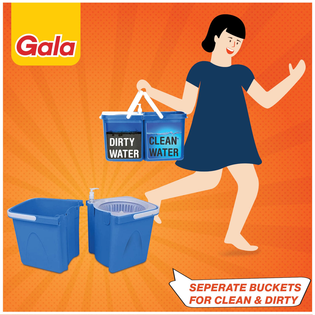 Gala Twin Bucket Spin Mop, 2 Microfiber Refills, Floor Cleaning Mop stick with Bucket, pocha for floor cleaning, Mopping Set with two buckets (white and blue)