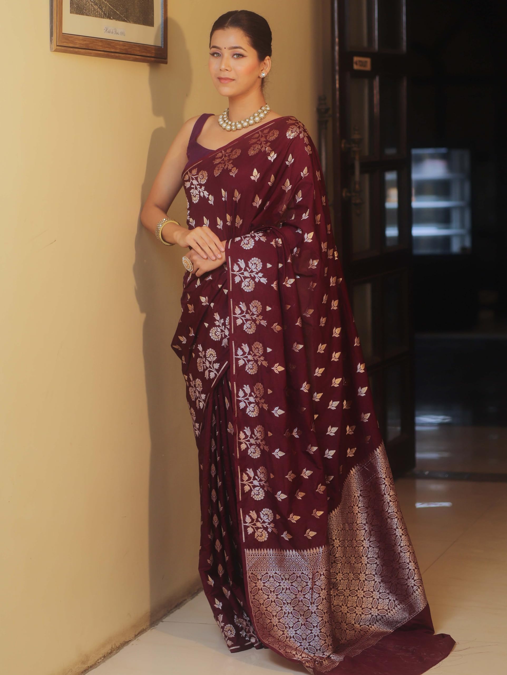 Shasmi Women's Maroon Banarasi Pure Kanjivaram Silk Saree Soft new ladies Design Wear Pattu Sarees Latest 2026 Cotton Party Sari collections With Blouse Piece for Wedding sadi (PARI-238-MAROON)