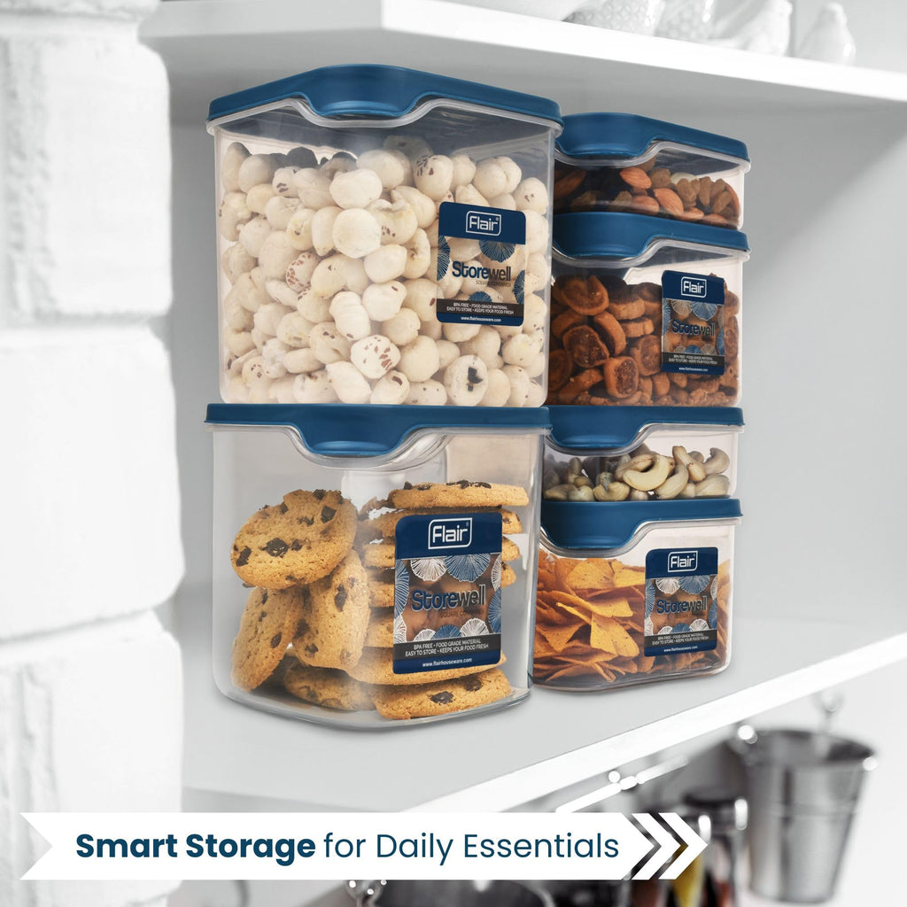 FLAIR Storewell Square Food Storage Containers Set of 3 (550 ML, 1150 ML, 1800 ML)- Blue, Air Tight Containers for Kitchen Storage Ideal kitchen box for Rice, Atta and Grains, BPA-Free, Food Grade