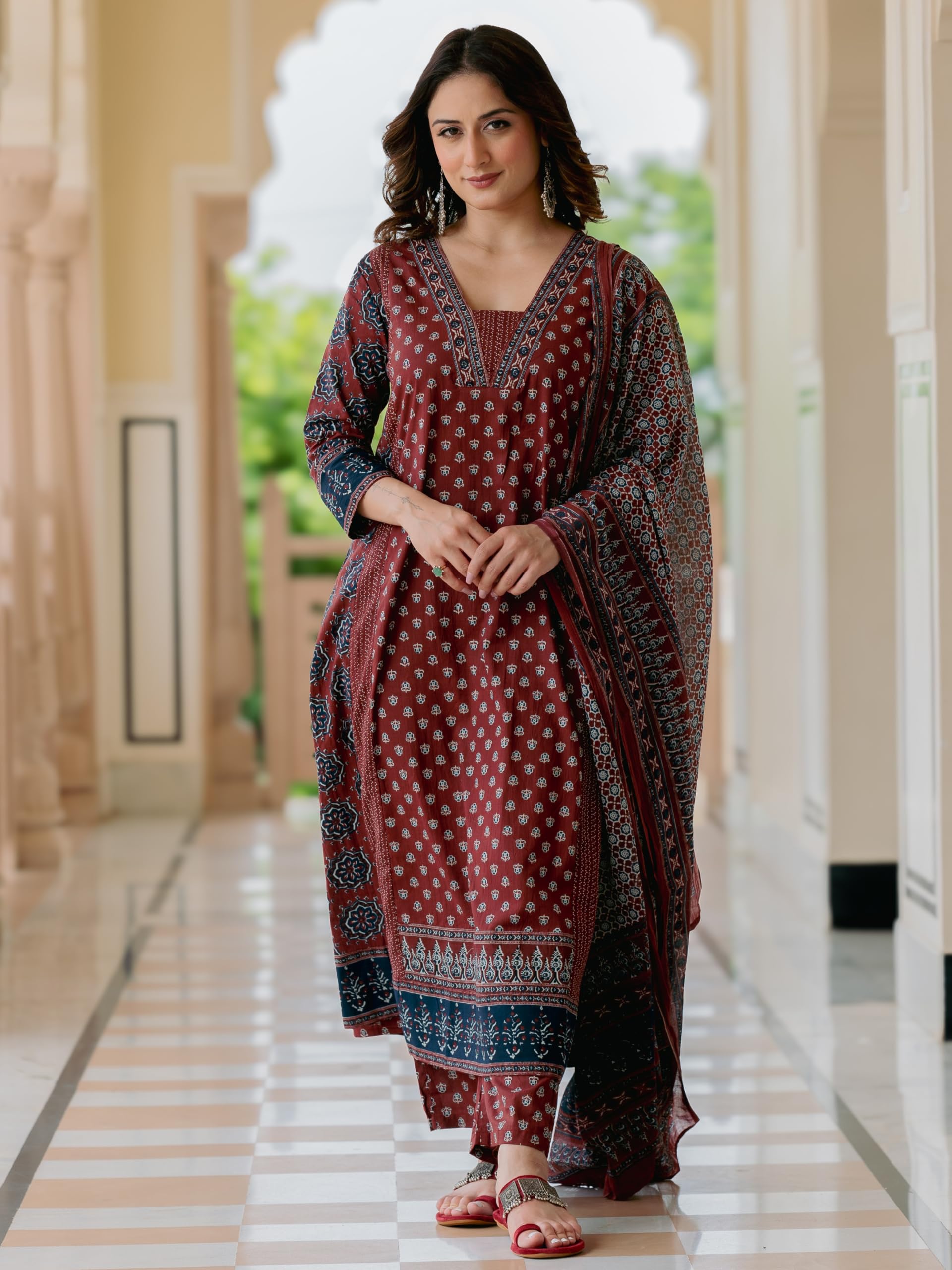 Arayna Women’s 100% Pure Cotton Printed Ethnic Suit | A-Line Kurta Set with Pant & Dupatta, Maroon, Large