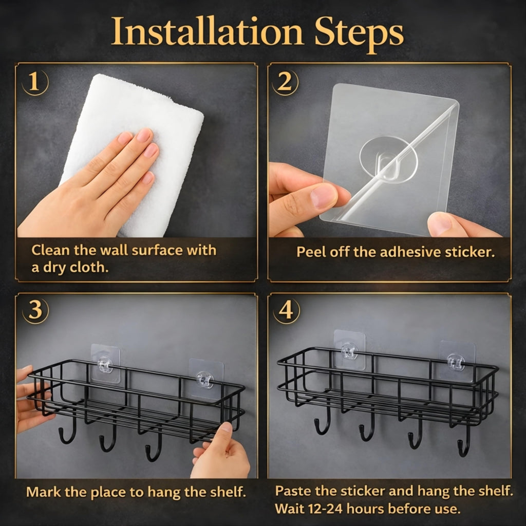 GLOXY Premium Black Metal Self-Adhesive Bathroom Organiser Without Drilling - Multipurpose Wall Mounted Shampoo Holder Bathroom Shower Caddy with 4 Hooks - Pack of 1