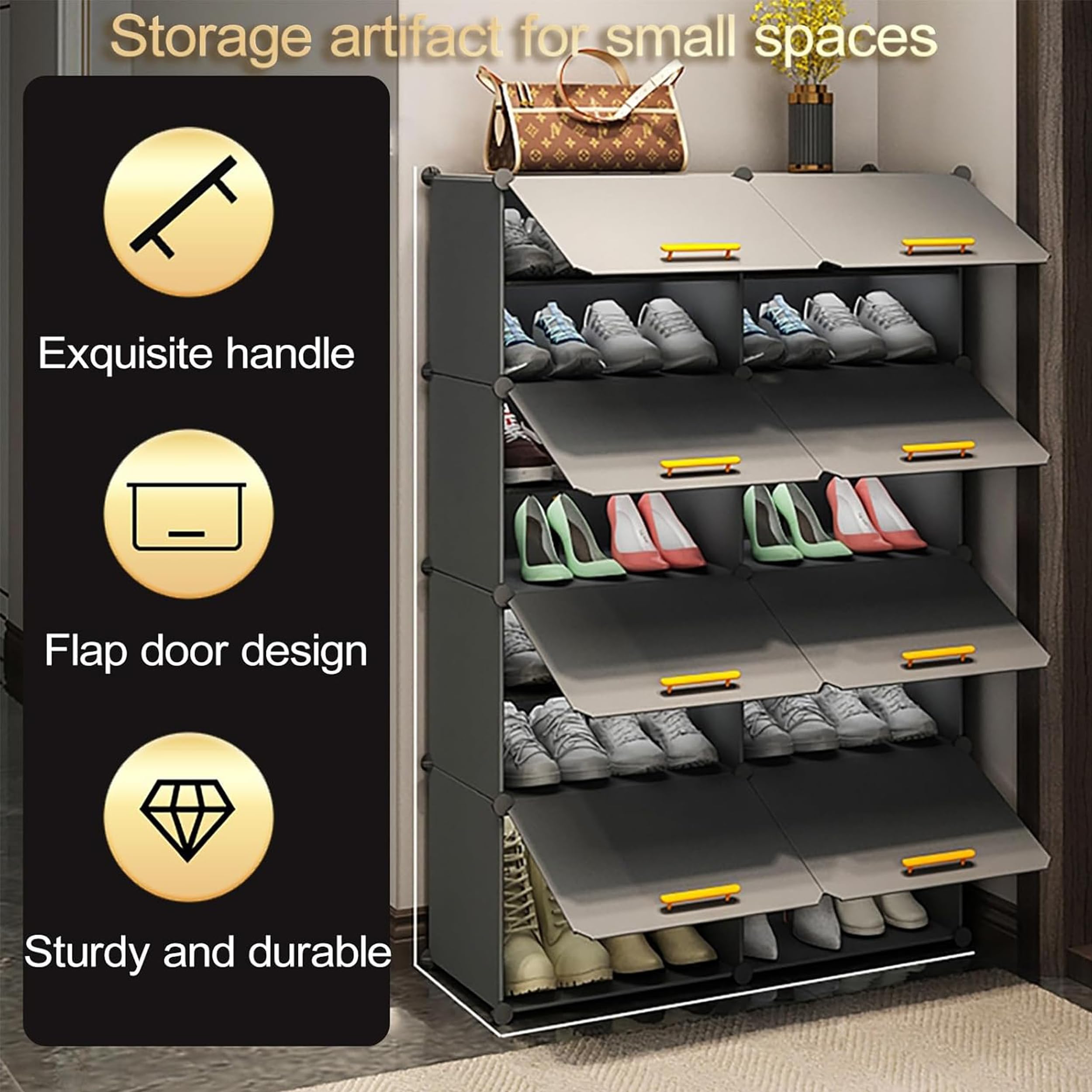 AYSIS Premium Modular Plastic Shoe Rack for Home with Door | 𝟏𝟐-𝐓𝐢𝐞𝐫 Stackable Shoe Organizer | Waterproof & Dustproof | Space Saving Storage for Home, Bedroom & Entryway【Grey, 12-Shelf-6-Door】