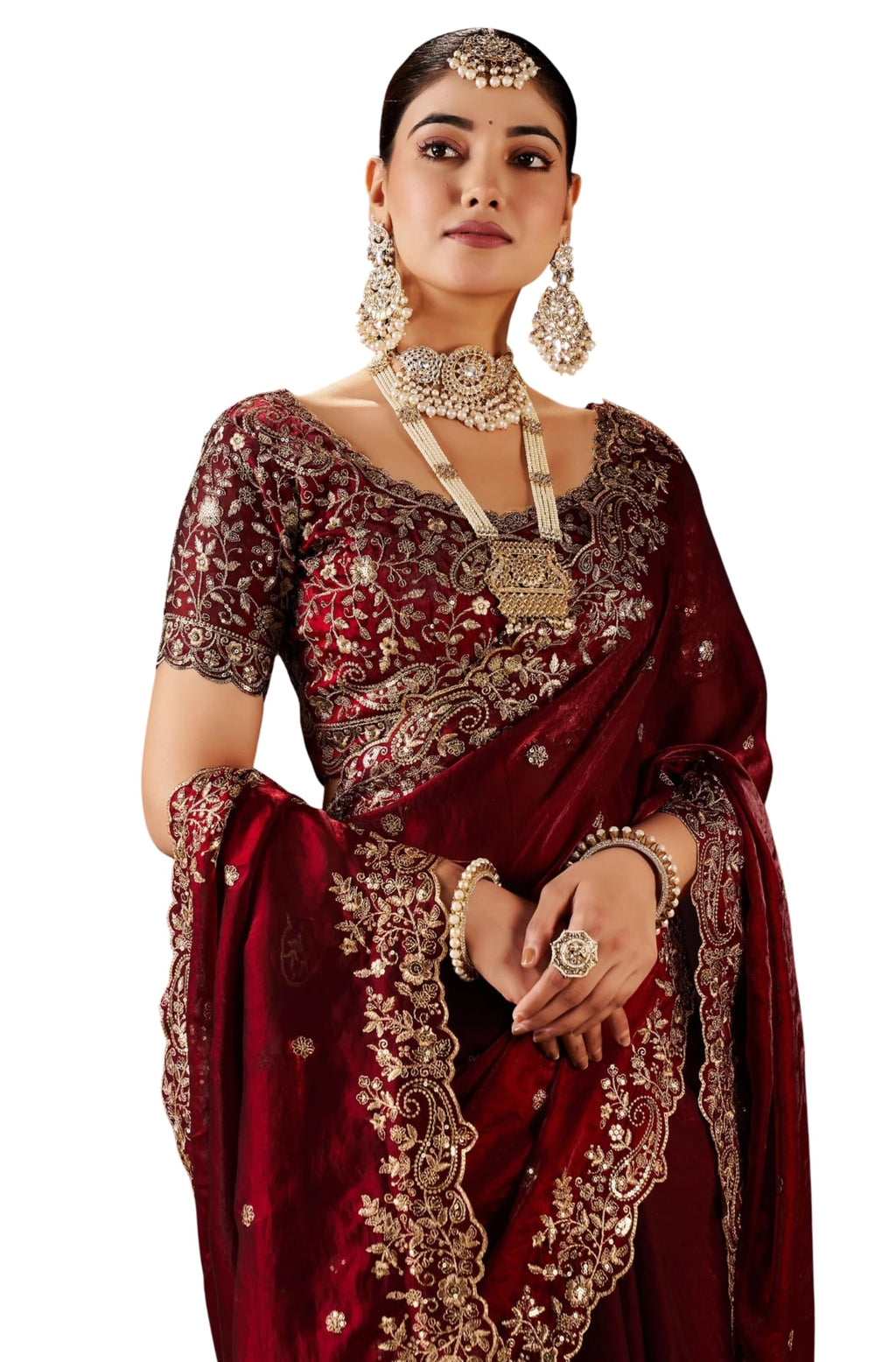 Women's Silk Saree with Embroidered Blouse Piece, Traditional Parte Wear with Gold Border and Hand Work Lace Embellished, Solid/Plain, Applique, Woven, Bollywood Jimmy Jimmy, Satin Saree (Maroon)