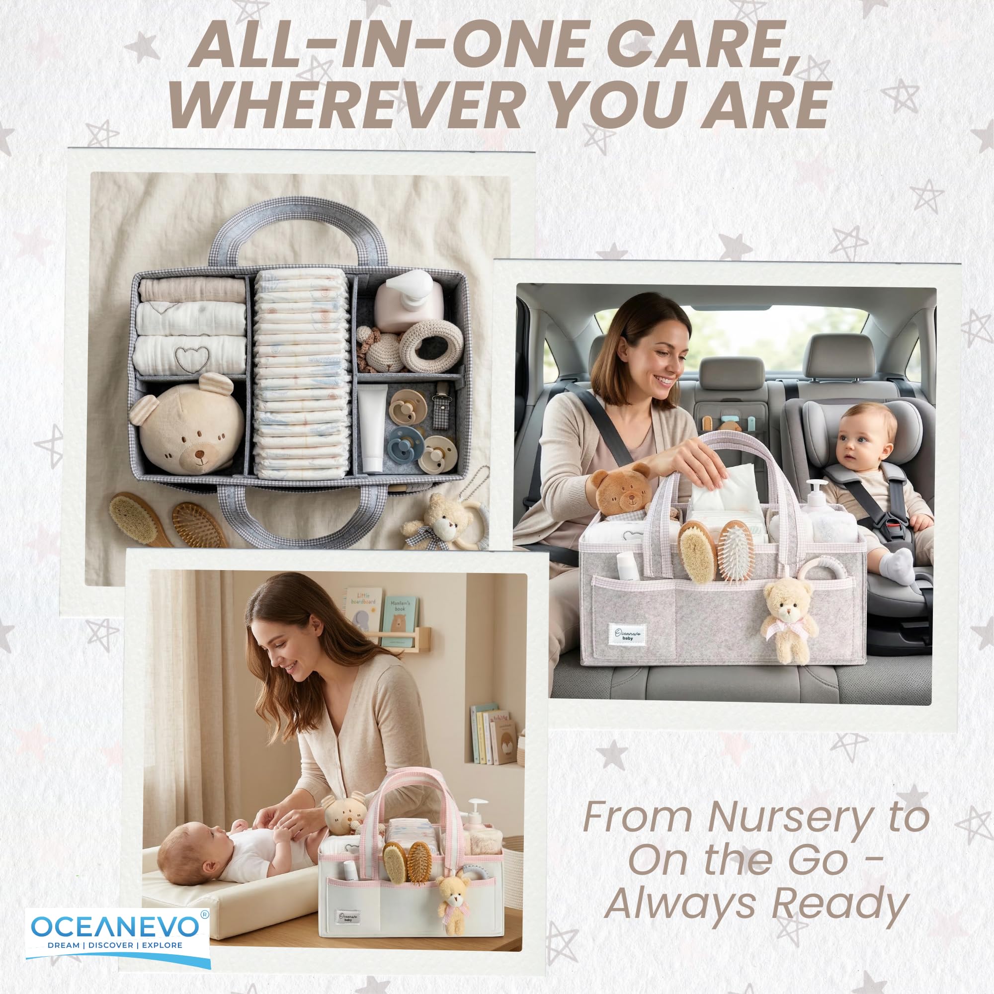 OCEANEVO Cute Felt Diaper Caddy Organiser Bag WITH Luggage Tag AND Bear Charm, Baby Basket for New Born Baby Essential Products with Compartments and Handle - 41 x 25 x 18 Cm - Beige - 1 Year Warranty