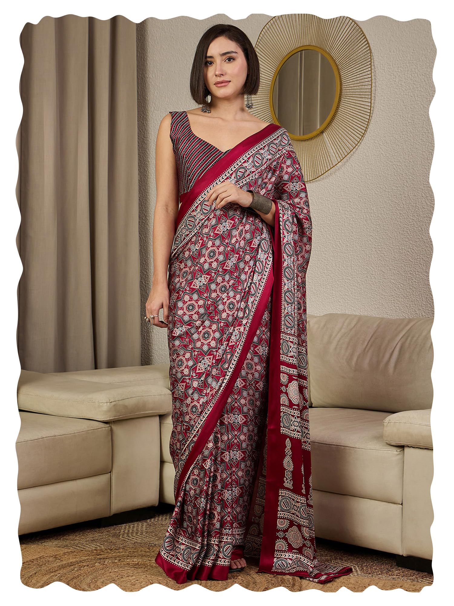 AKHILAM Women's Burgundy Satin Silk Ajrak Printed Ready To Wear one Minute Saree With Unstitched Blouse Piece (RTWKAJRKH386008_RJ)