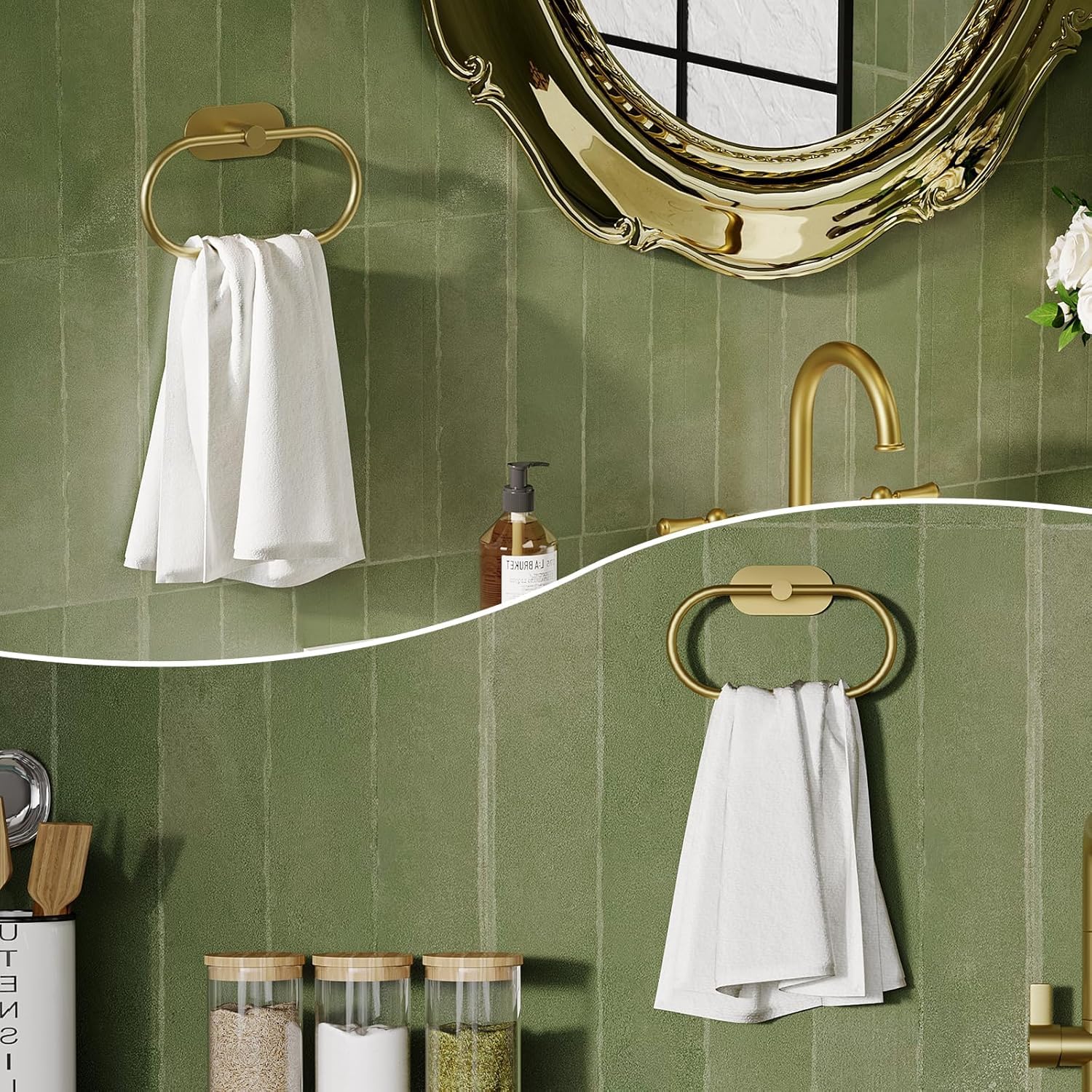 Oslen Self Adhesive Towel Holder for Bathroom Gold Finish No Drill Hand Towel Ring Stainless Steel and Zinc Alloy Self Adhesive Towel Hanger for Bath, Kitchen