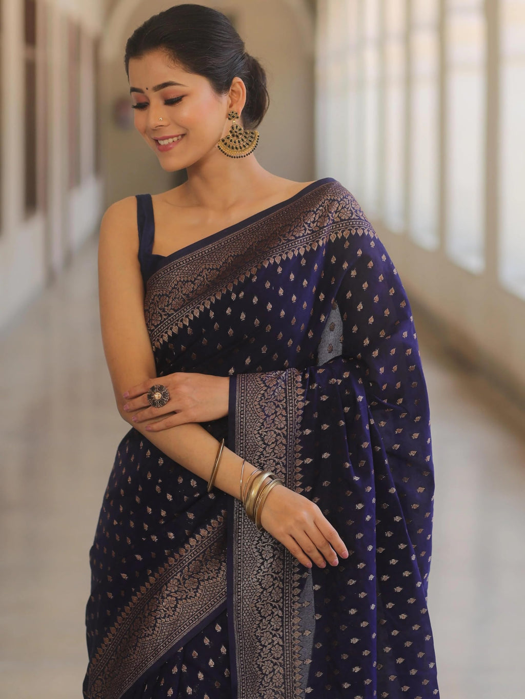 Shasmi Women's Navy Blue Banarasi Pure Kanjivaram Silk Saree Soft new ladies Design Wear Pattu Sarees Latest 2026 Cotton Party Sari collections With Blouse Piece for Wedding sadi (PARI-239-NEVIBLUE)