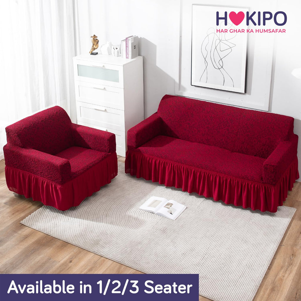 HOKIPO 3 Seater Sofa Cover Stretchable Jacquard Fabric | Elastic Bottom Slipcover with Frill Skirt | Thick 240 GSM Couch Cover | Washable Living Room Sofa Protector, Wine Red (AR-4648-J1)