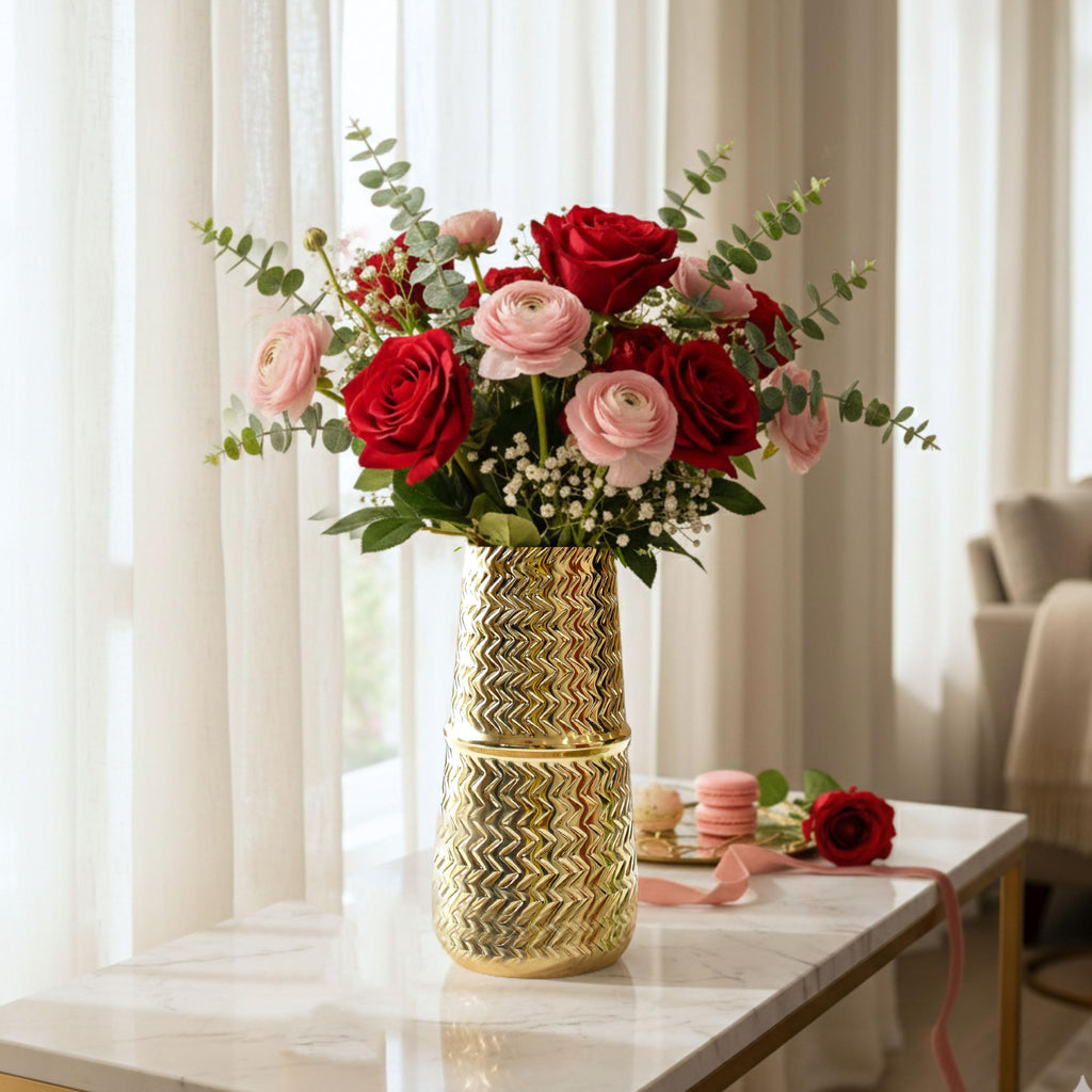 BEHOMA Arrow Engrave Metal Cylindrical Vase for Home Décor | Table Flower Pot for Valentine’s Day, Couple Gift for Wedding Anniversary, Birthday Decoration | 9.2" Golden, 1Pc (Flower not Included)