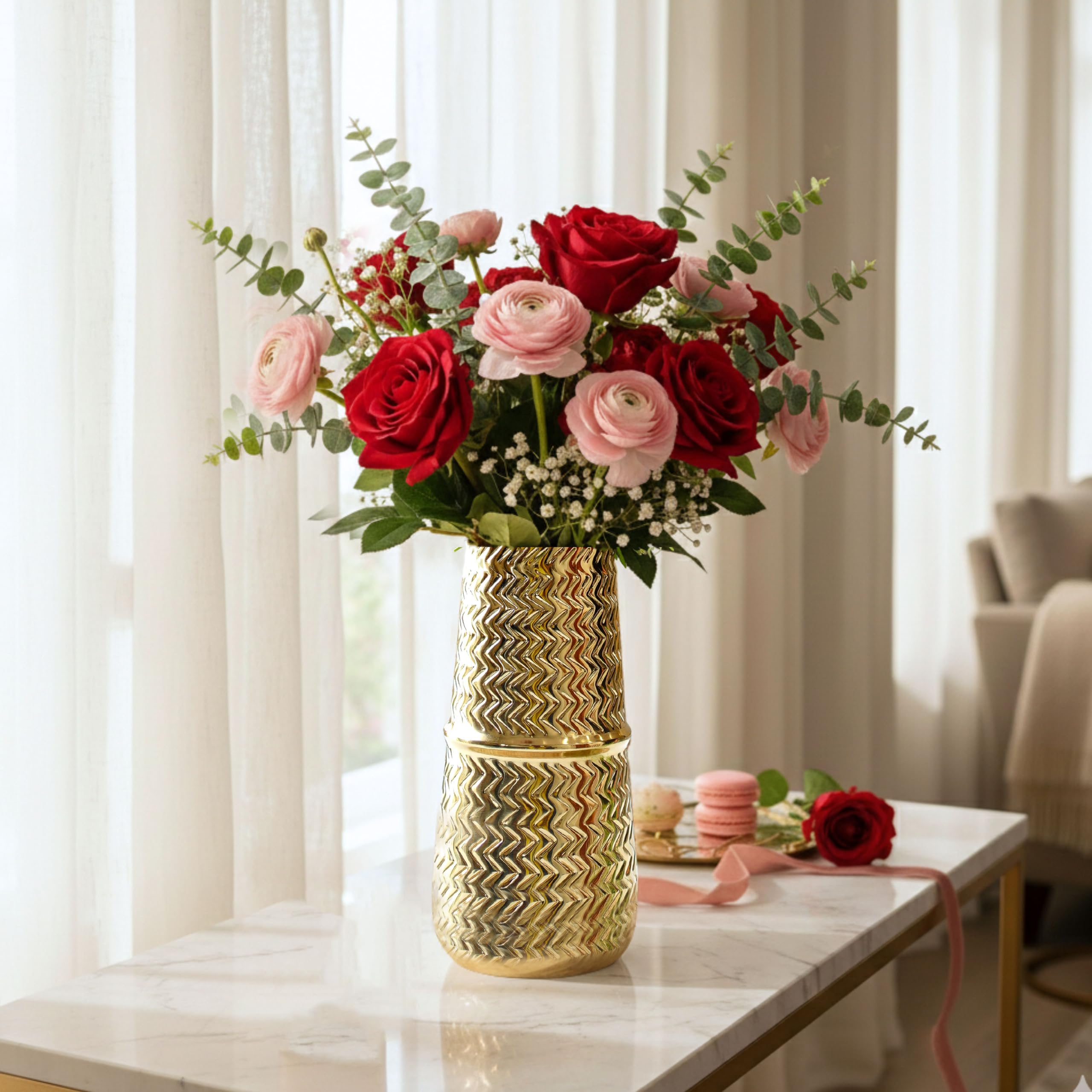 BEHOMA Arrow Engrave Metal Cylindrical Vase for Home Décor | Table Flower Pot for Valentine’s Day, Couple Gift for Wedding Anniversary, Birthday Decoration | 9.2" Golden, 1Pc (Flower not Included)