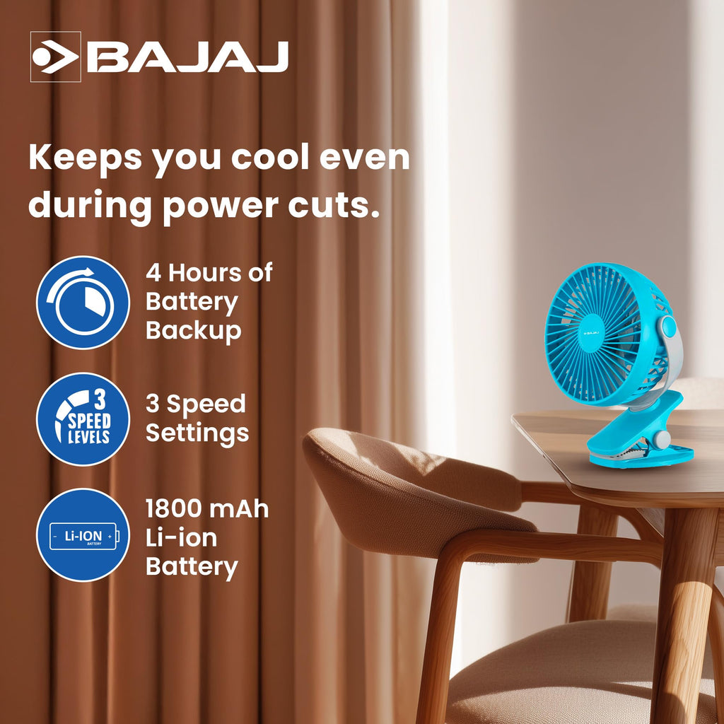 Bajaj Pygmy Mini Fan 110MM | USB Charging | Multi-Clip Function | Rechargeable | 4-Hr Back-up | Silent Operation | Longer Battery Life | Energy Efficient | Portable 【Blue】