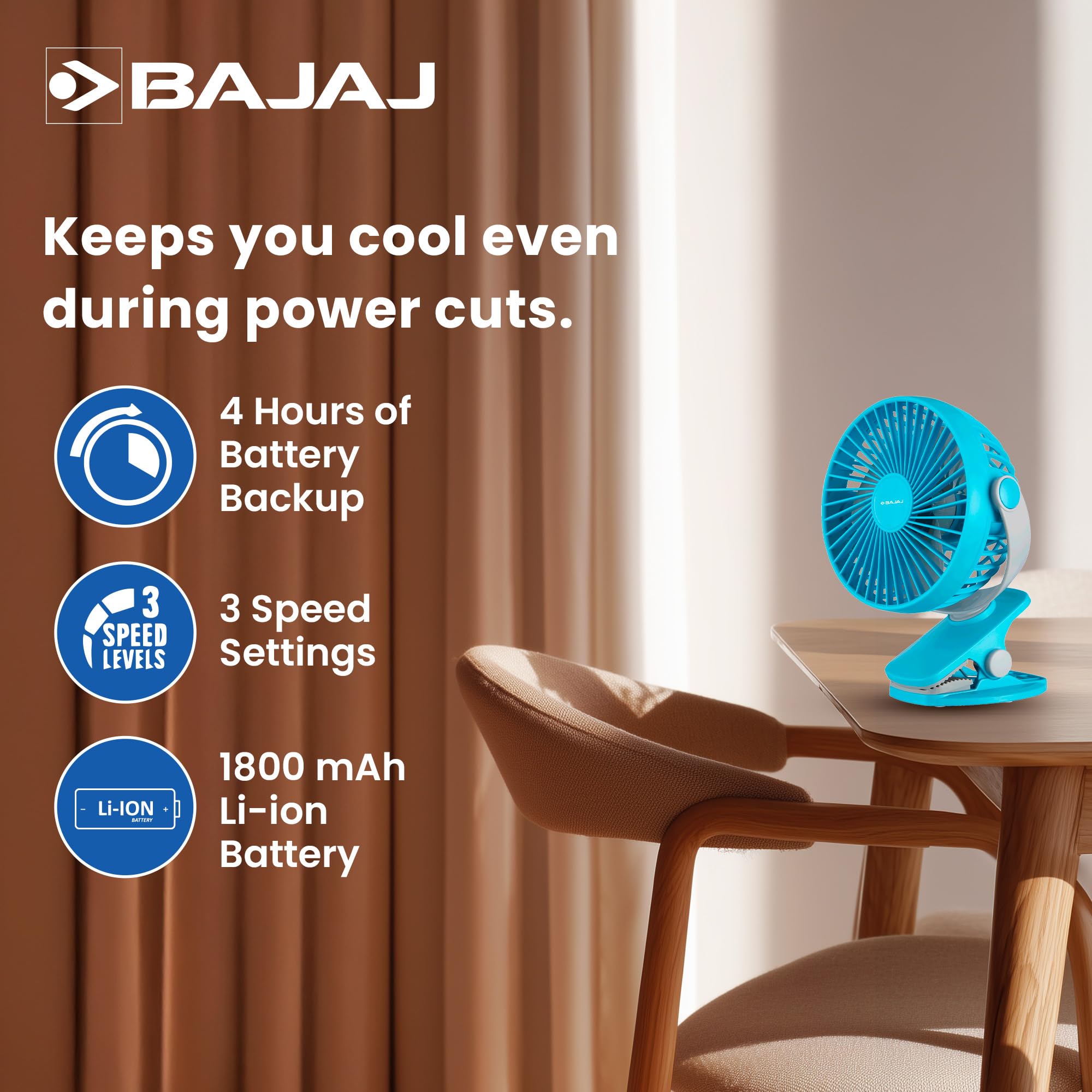 Bajaj Pygmy Mini Fan 110MM | USB Charging | Multi-Clip Function | Rechargeable | 4-Hr Back-up | Silent Operation | Longer Battery Life | Energy Efficient | Portable 【Blue】