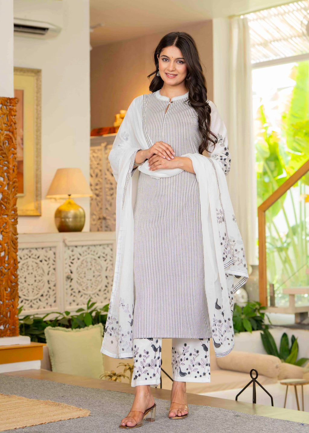 Pistaa's women Cotton Striped Straight salwar Suit Set (Off White, Medium)