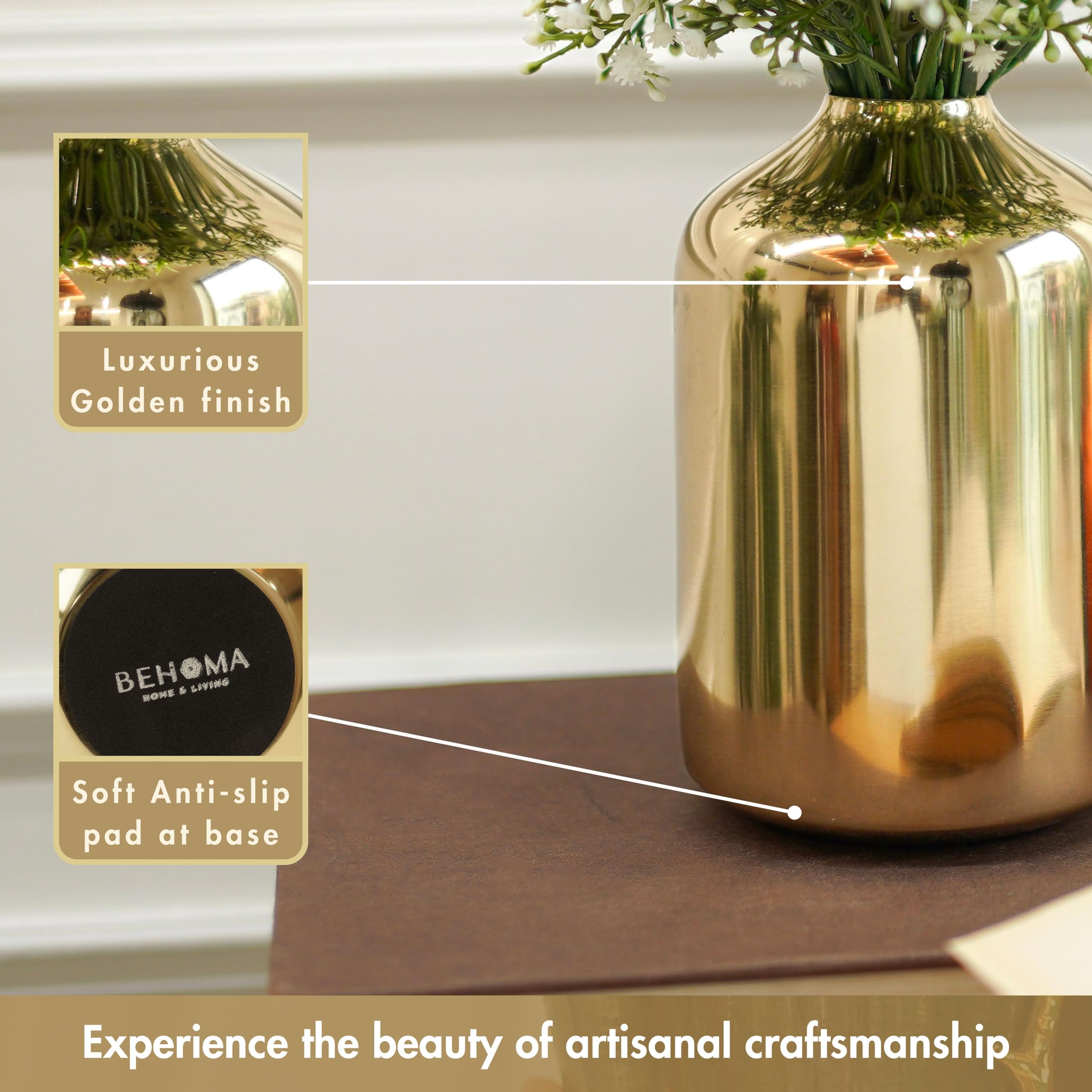 Behoma Metal Flower Vase for Home Decor Bedroom Living Room Office Wedding | Table Decorative Item for Festivals Birthday Gold (Flower Not Included, Modern)
