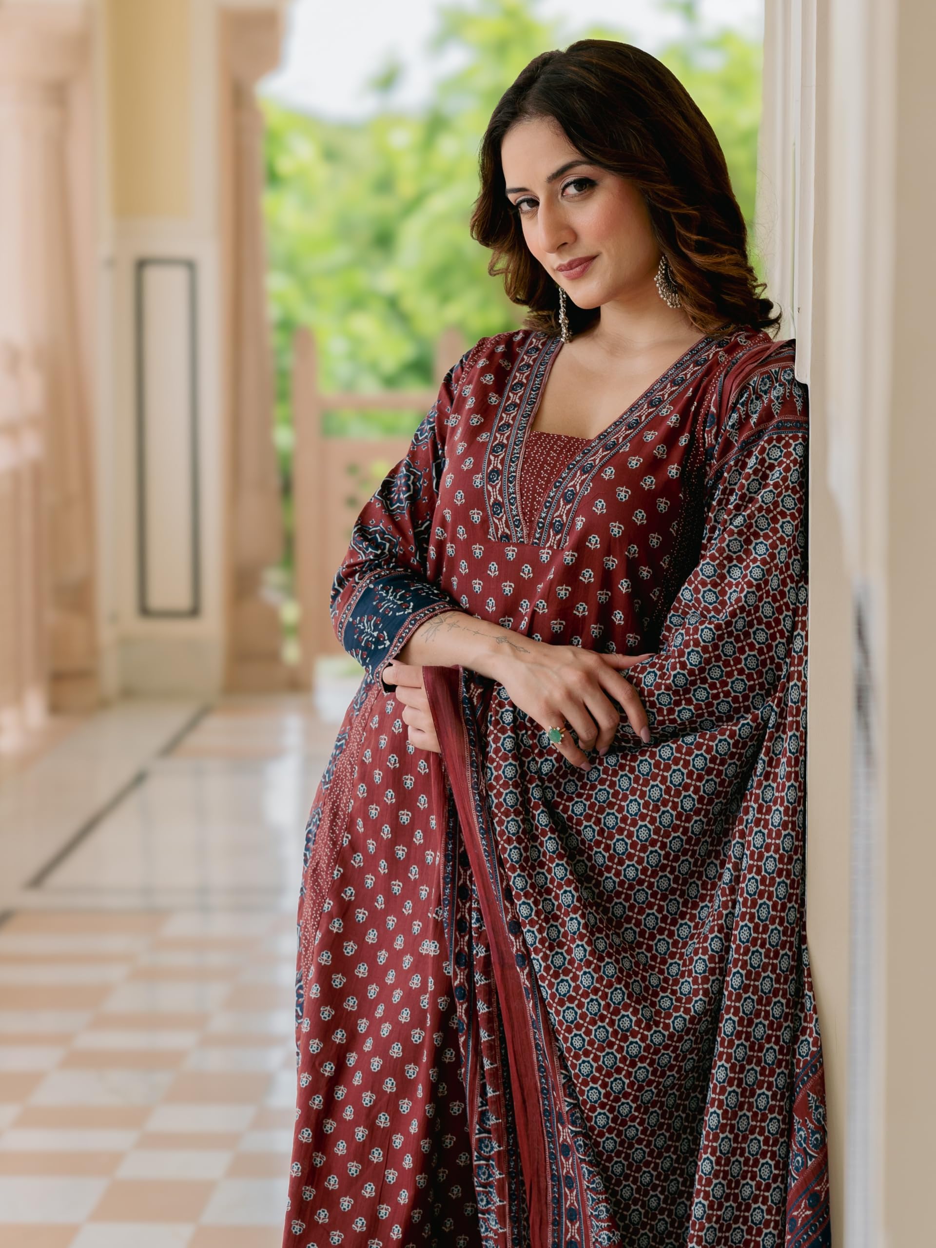 Arayna Women’s 100% Pure Cotton Printed Ethnic Suit | A-Line Kurta Set with Pant & Dupatta, Maroon, Large