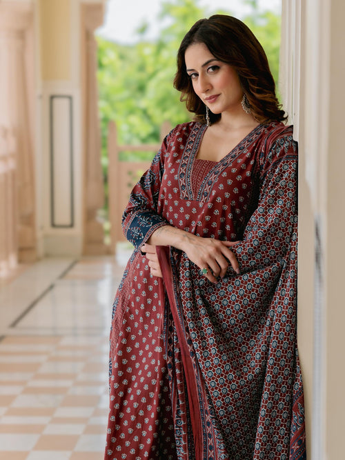 Arayna Women’s 100% Pure Cotton Printed Ethnic Suit | A-Line Kurta Set with Pant & Dupatta, Maroon, Large