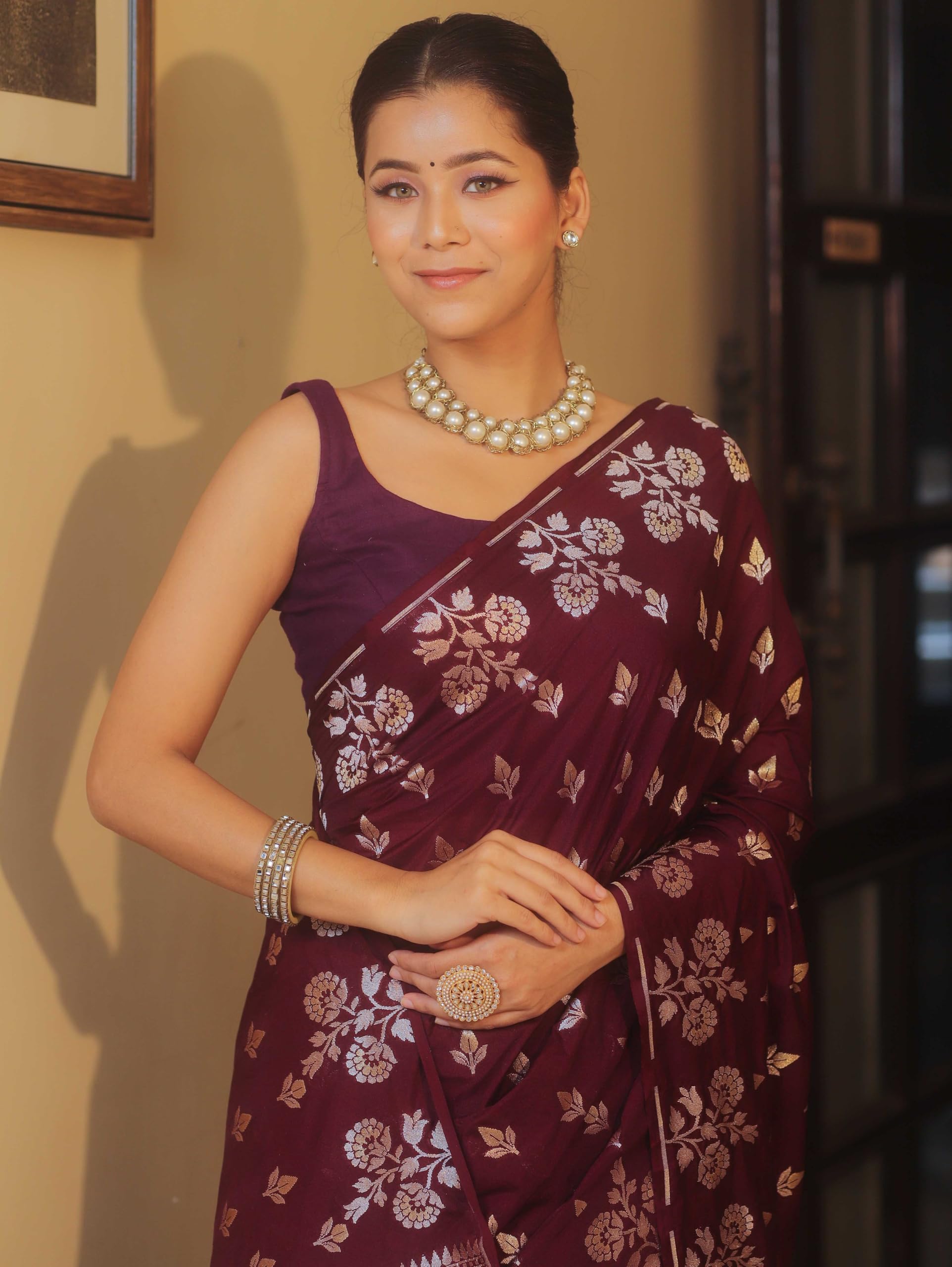 Shasmi Women's Maroon Banarasi Pure Kanjivaram Silk Saree Soft new ladies Design Wear Pattu Sarees Latest 2026 Cotton Party Sari collections With Blouse Piece for Wedding sadi (PARI-238-MAROON)