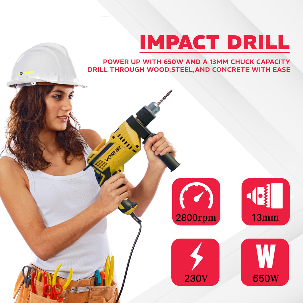IBELL VORMIR Impact Drill | 650W | Dual Mode (Drilling & Impact) | 13mm Chuck | 0–2800 RPM | Variable Speed | Forward/Reverse | Copper Armature