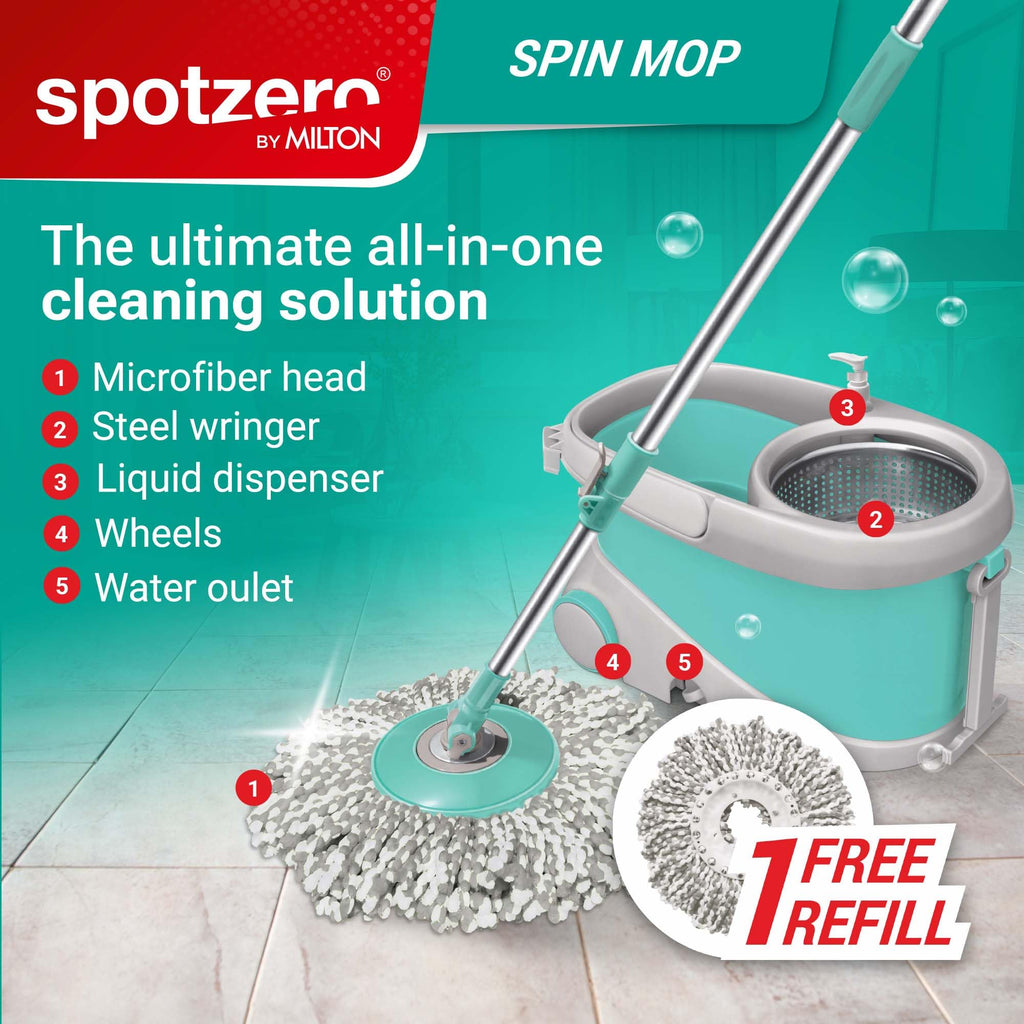 Spotzero by Milton Prime Stainless Steel Wringer Spin Mop with Big Wheel, Puller Handle, Bucket Floor Cleaning and Mopping System 360° Flexible,2 Microfiber Refills, Big Size, Aqua Green