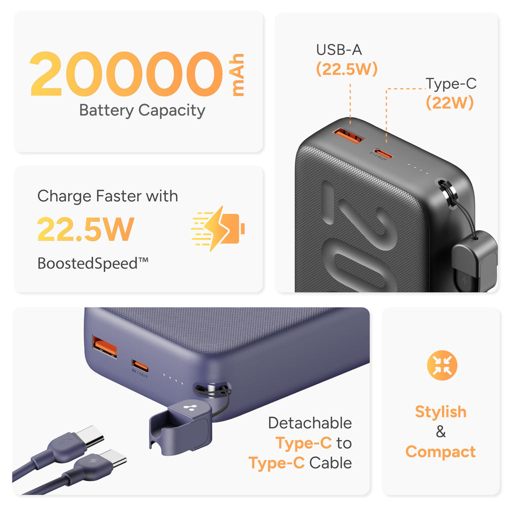 Ambrane 20000mAh Powerbank with in-Build Type C Cable, 22.5W Fast Charging, USB & Type C Output, Power Delivery, Quick Charge for iPhone, Android Mobile & Tablets, Earbuds, (Stylo N20, Black)