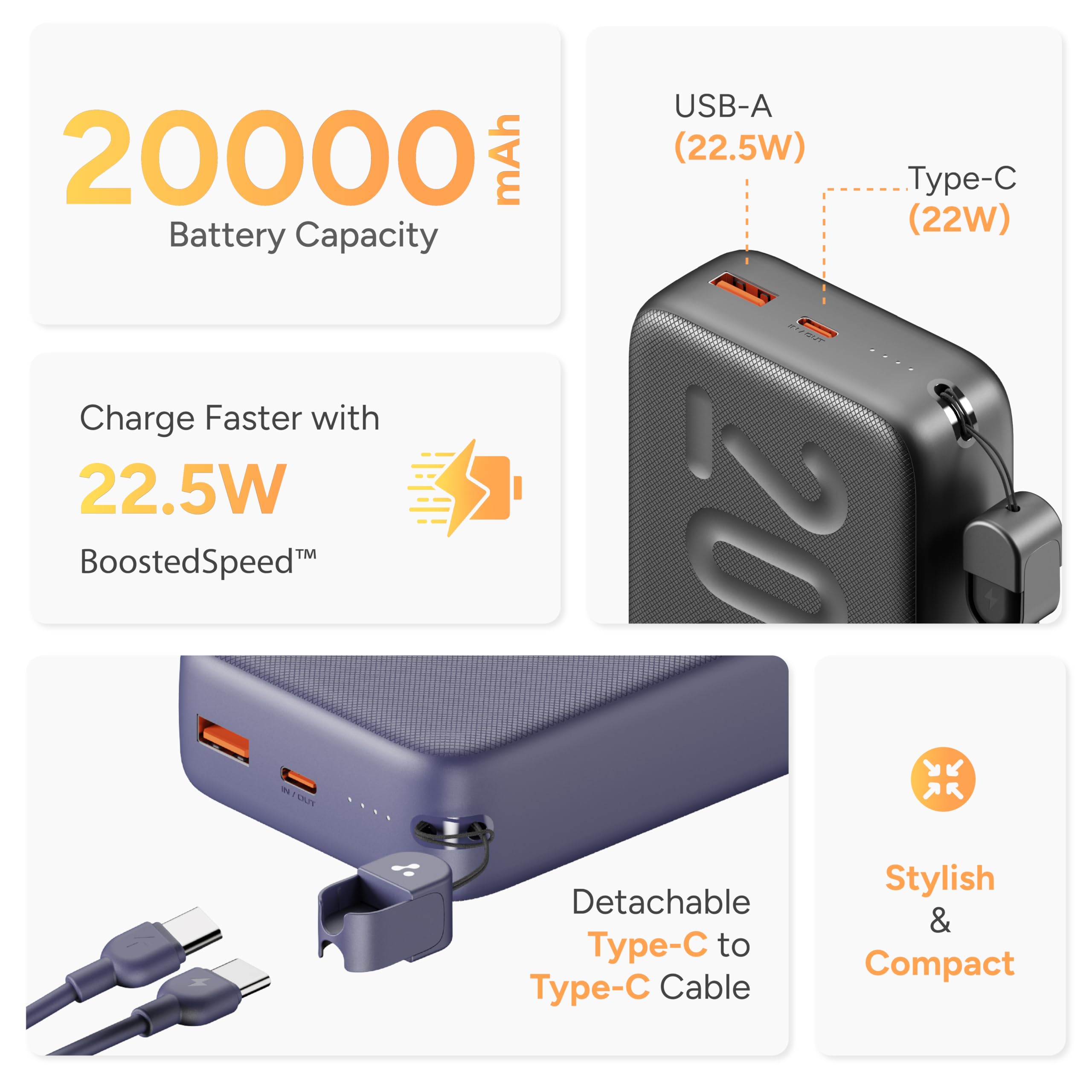 Ambrane 20000mAh Powerbank with in-Build Type C Cable, 22.5W Fast Charging, USB & Type C Output, Power Delivery, Quick Charge for iPhone, Android Mobile & Tablets, Earbuds, (Stylo N20, Black)
