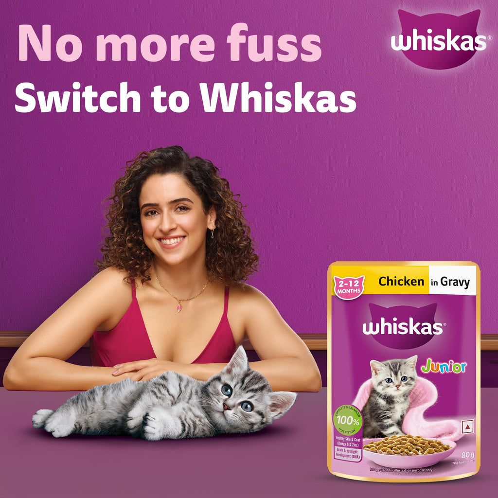 Whiskas Junior Kitten (2-12 Months) Wet Cat Food, Chicken in Gravy, 80 g (Pack of 14), Hydrating Food Made With Real Chicken, 100% Complete & Balanced Nutrition for Kittens