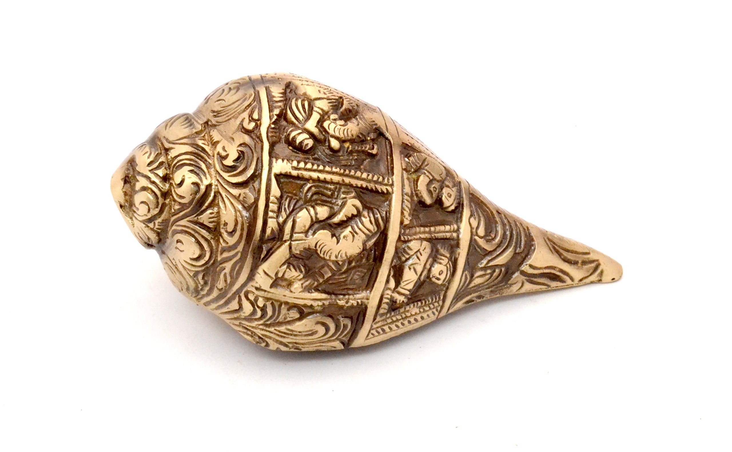 Two Moustaches 100% Pure Brass Ganesha Carving Brass Shankh Showpiece, Attractive Brass Conch for Temple/Home, Shankh for Pooja, Weight - 430 Grams, Mandir Decorations Items, Standard, Pack of 1