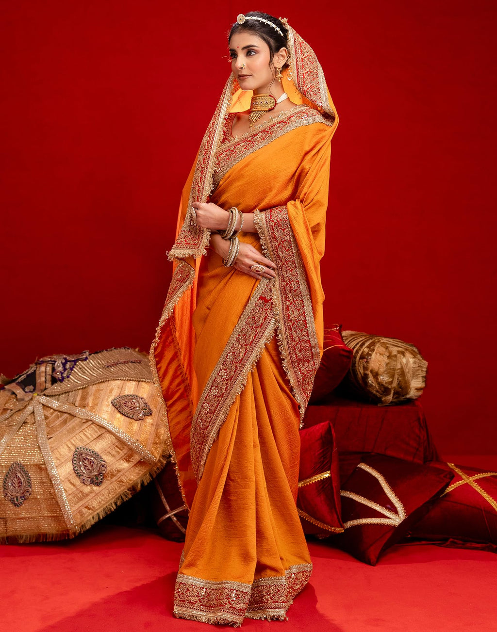 SIRIL Women's Vichitra Silk Sequins Embroidery Lace Saree With Unstitched Blouse Piece(5015S3581_Orange)