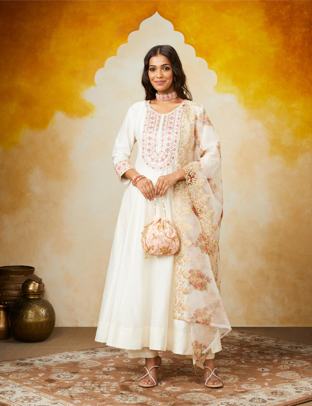 Amazon Brand - Myx Women's Embroidered Anarkali Kurta Pant Set with Organza Dupatta | Viscose,Rayon | A-line fit (AW24-MYX-SKD-VN-03_Off-White_L)