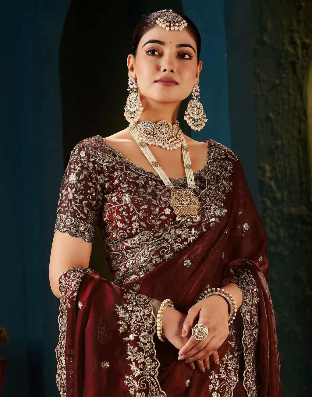 Women's Silk Saree with Embroidered Blouse Piece, Traditional Parte Wear with Gold Border and Hand Work Lace Embellished, Solid/Plain, Applique, Woven, Bollywood Jimmy Jimmy, Satin Saree (Maroon)