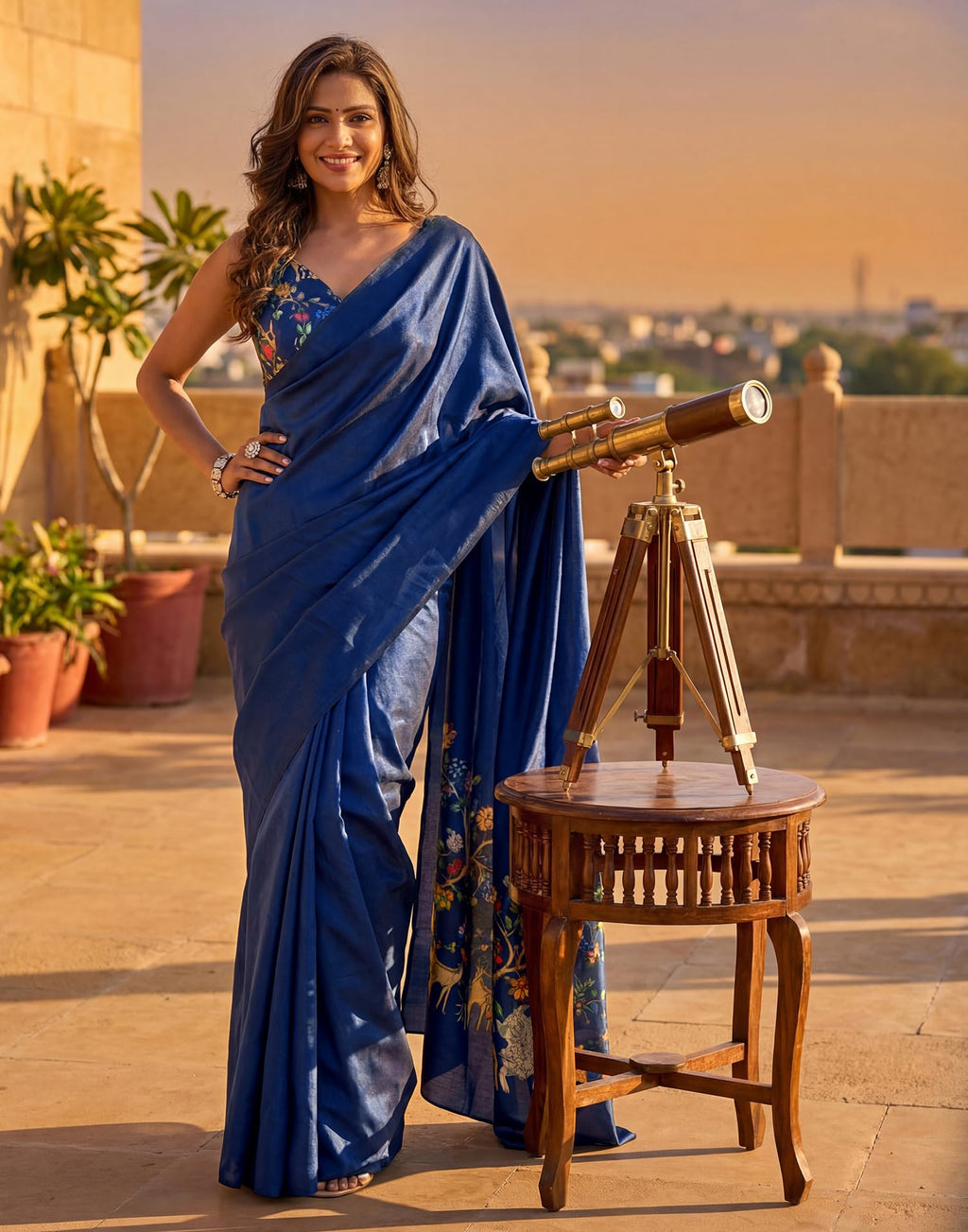 SIRIL Women's Silk Printed One Minute Ready To Wear Saree With Unstitched Blouse Piece(93RS309_Navy Blue)