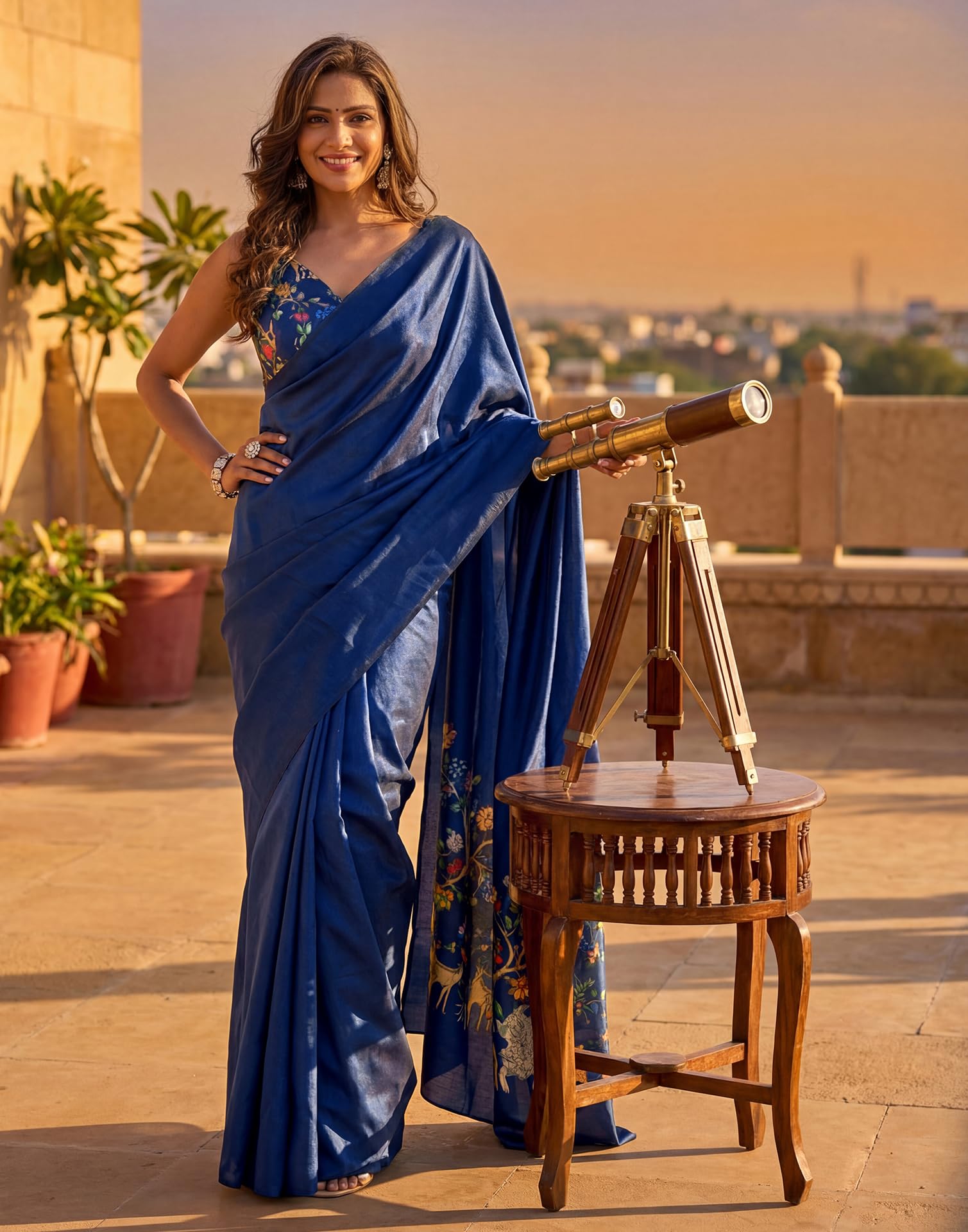 SIRIL Women's Silk Printed One Minute Ready To Wear Saree With Unstitched Blouse Piece(93RS309_Navy Blue)