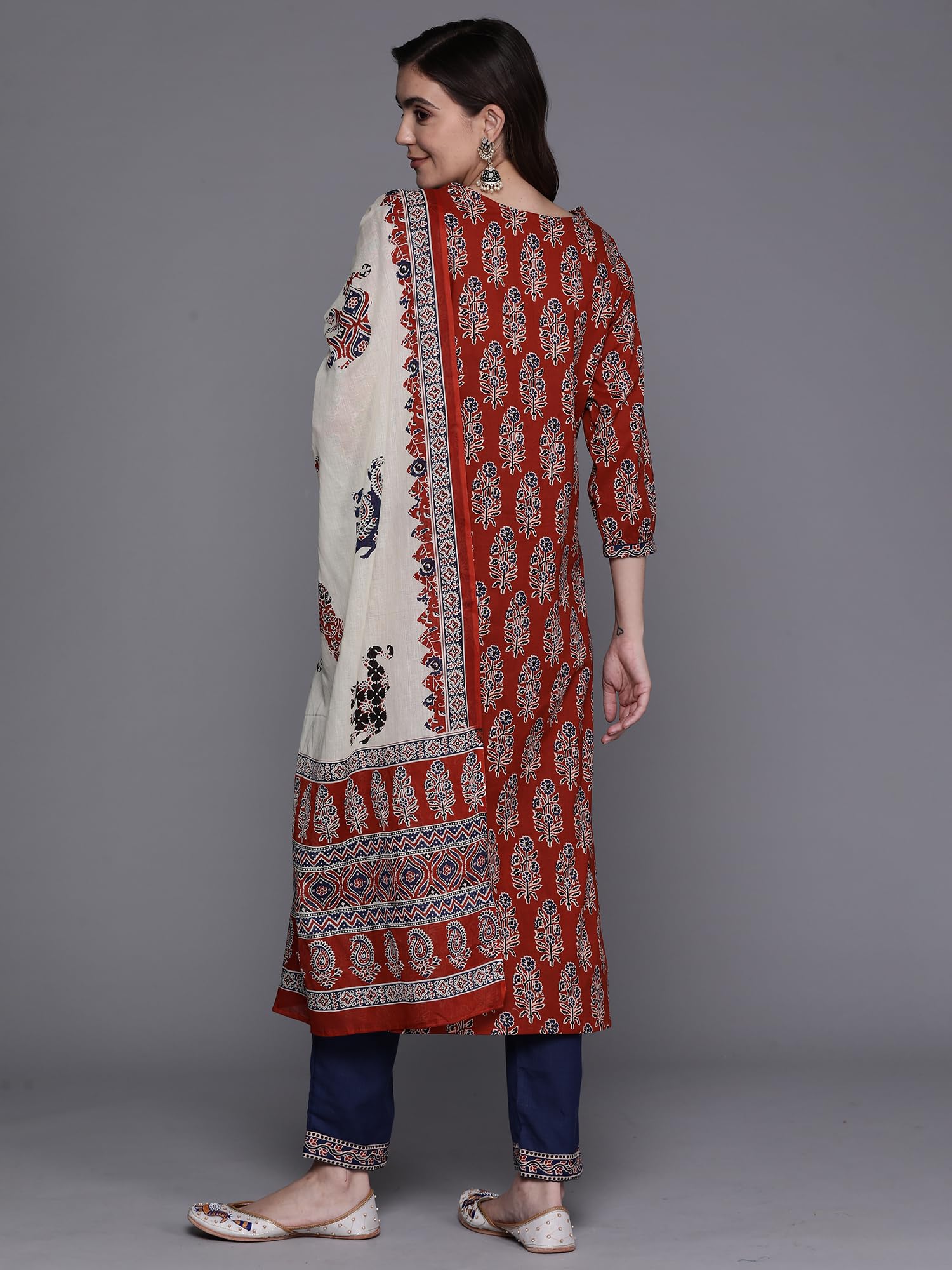 INDO ERA Cotton Rust Printed Straight Kurta With Pant & Dupatta Set For Women (Kh0Rt5137_Medium, Regular Fit)