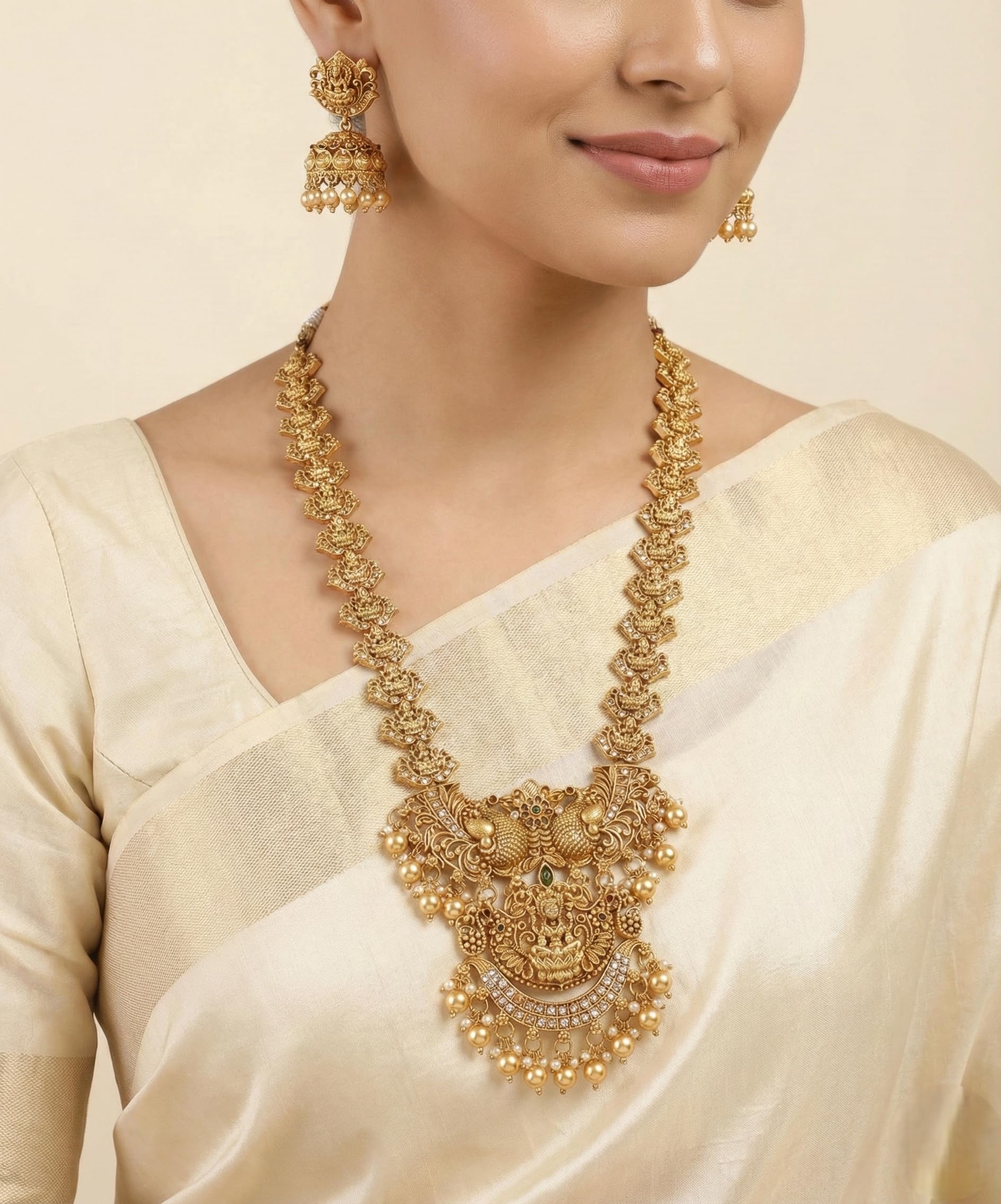Diksha Collection South Indian Traditional Antique Matte Gold Finish Goddess Lakshmi & Peacock Motif Long Necklace Set with Jhumka Earrings for Women | Ethnic Temple Jewellery for Weddings, Brides & Festivals