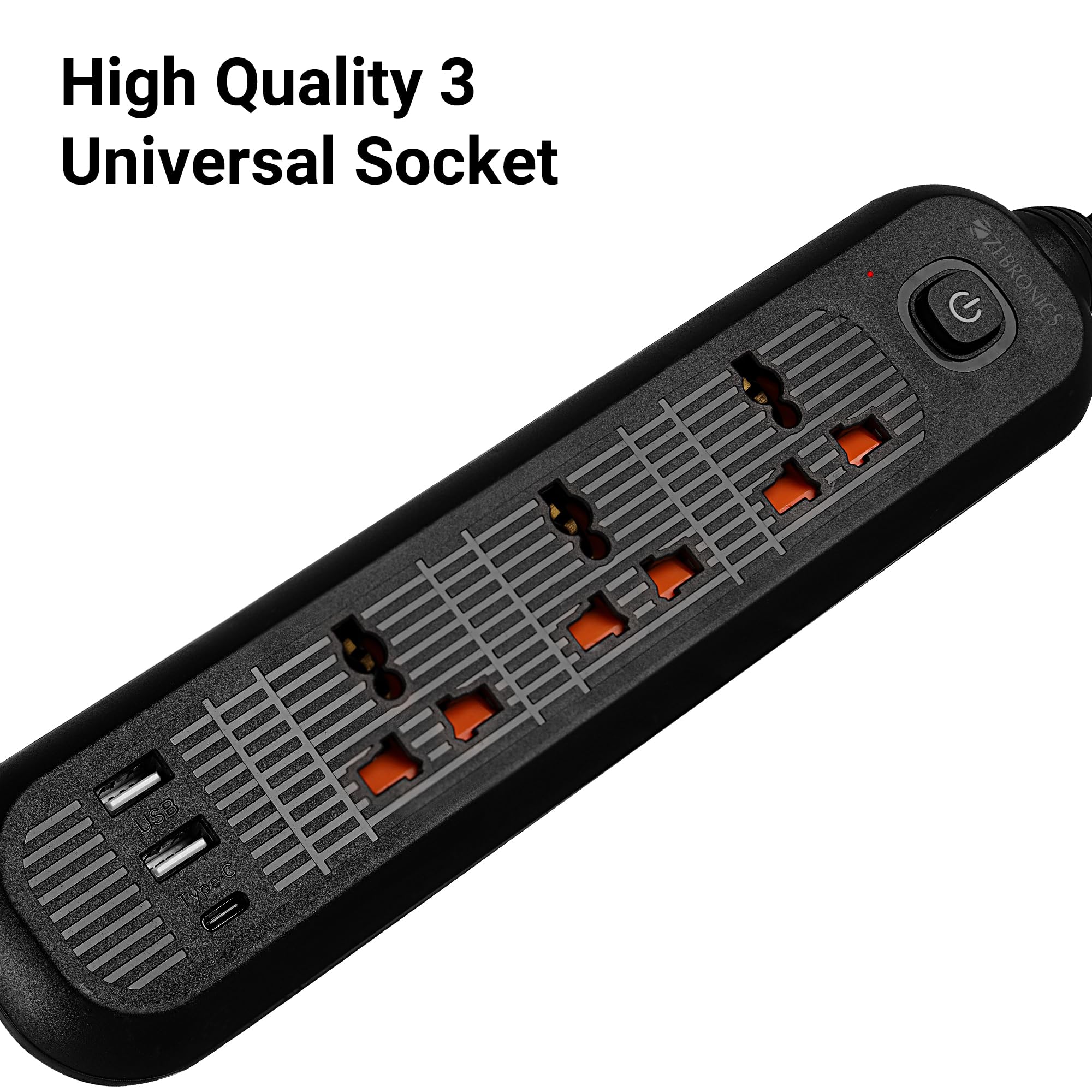 ZEBRONICS Power BAR 132, Extension Board/Strip, 2000 Watts, 10 Amps, 1x Type C Port, 3X Universal Socket, 2X USB Port, LED Indicator, On/Off Switch, Wall Mountable, 3 Meter, Black