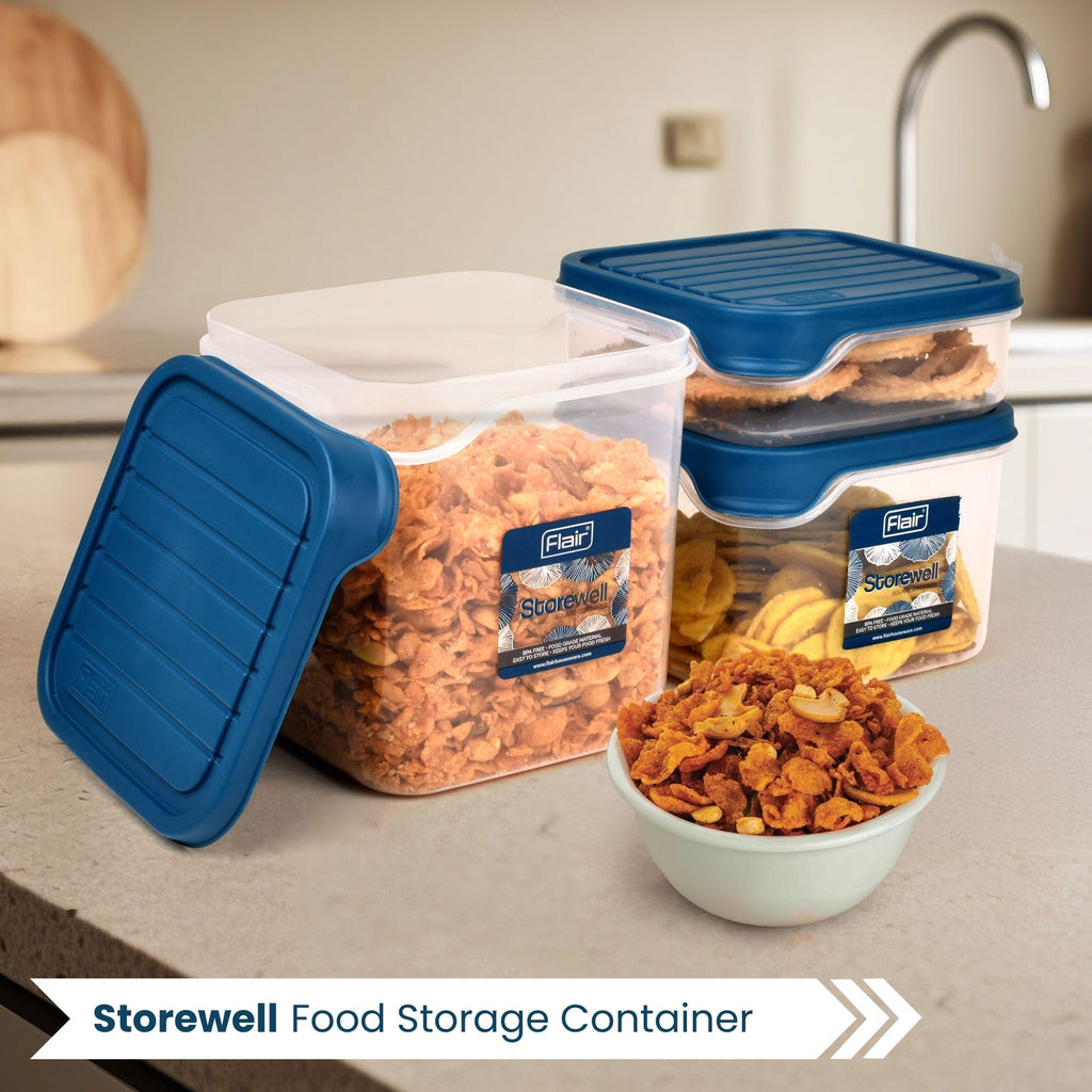 FLAIR Storewell Square Food Storage Containers Set of 3 (550 ML, 1150 ML, 1800 ML)- Blue, Air Tight Containers for Kitchen Storage Ideal kitchen box for Rice, Atta and Grains, BPA-Free, Food Grade