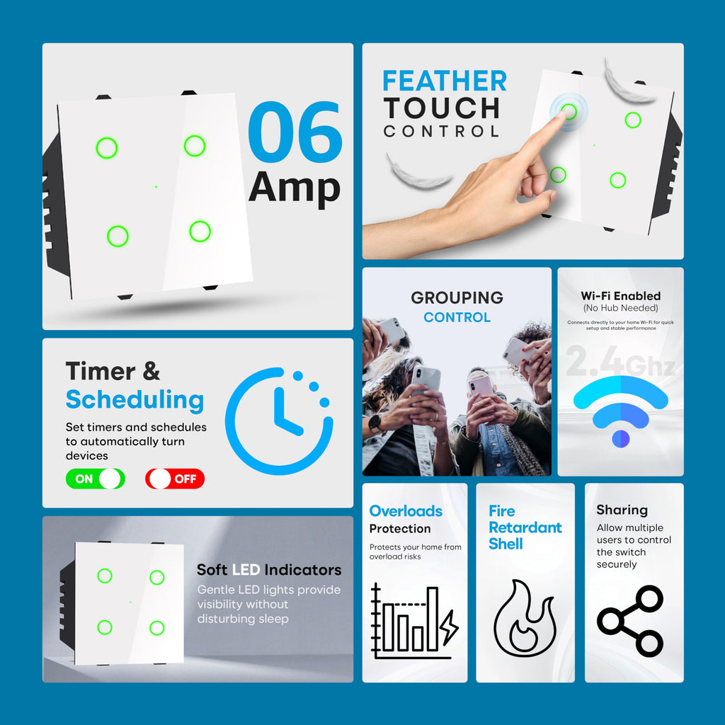 SmartLife Modular 4 Gang Touch Smart Switch (White) | WiFi + BLE | Premium Glass Finish | Compatible with Alexa, Google Assistant, HA, IFTTT & SmartLife App | Fits Roma & Similar Plates